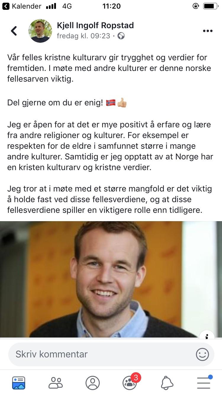 Kjell Ingolf Ropstads Facebook-innlegg.