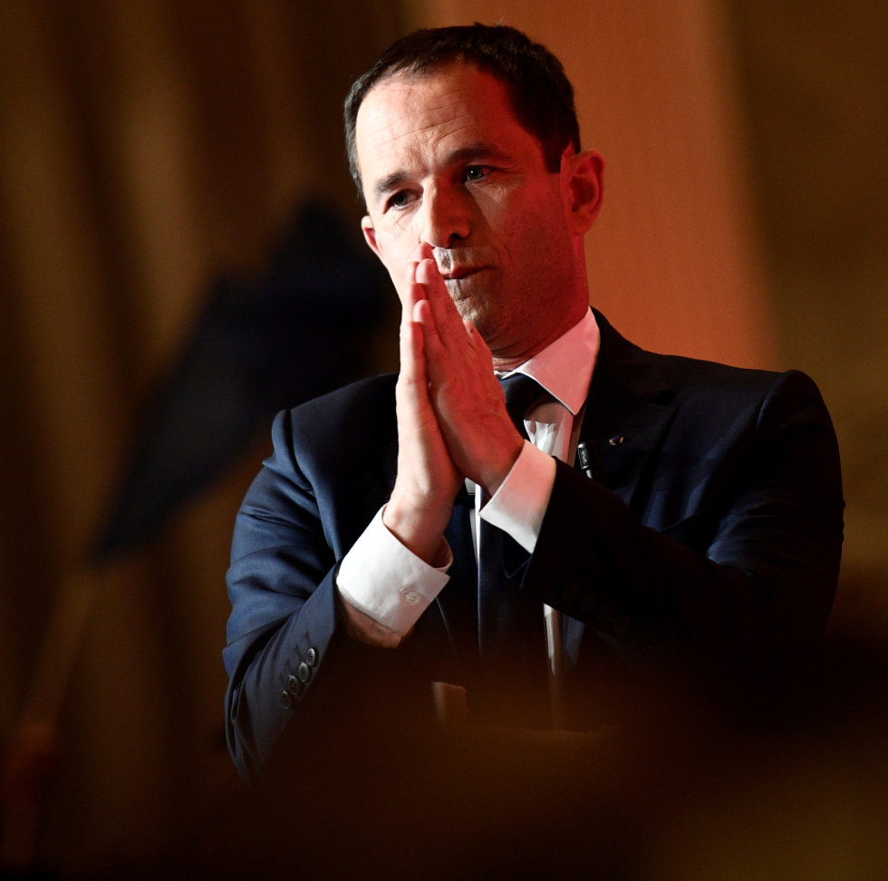 Sosialistpartiet og presidentkandidat Benoît Hamon ble knust under søndagens valg i Frankrike. 