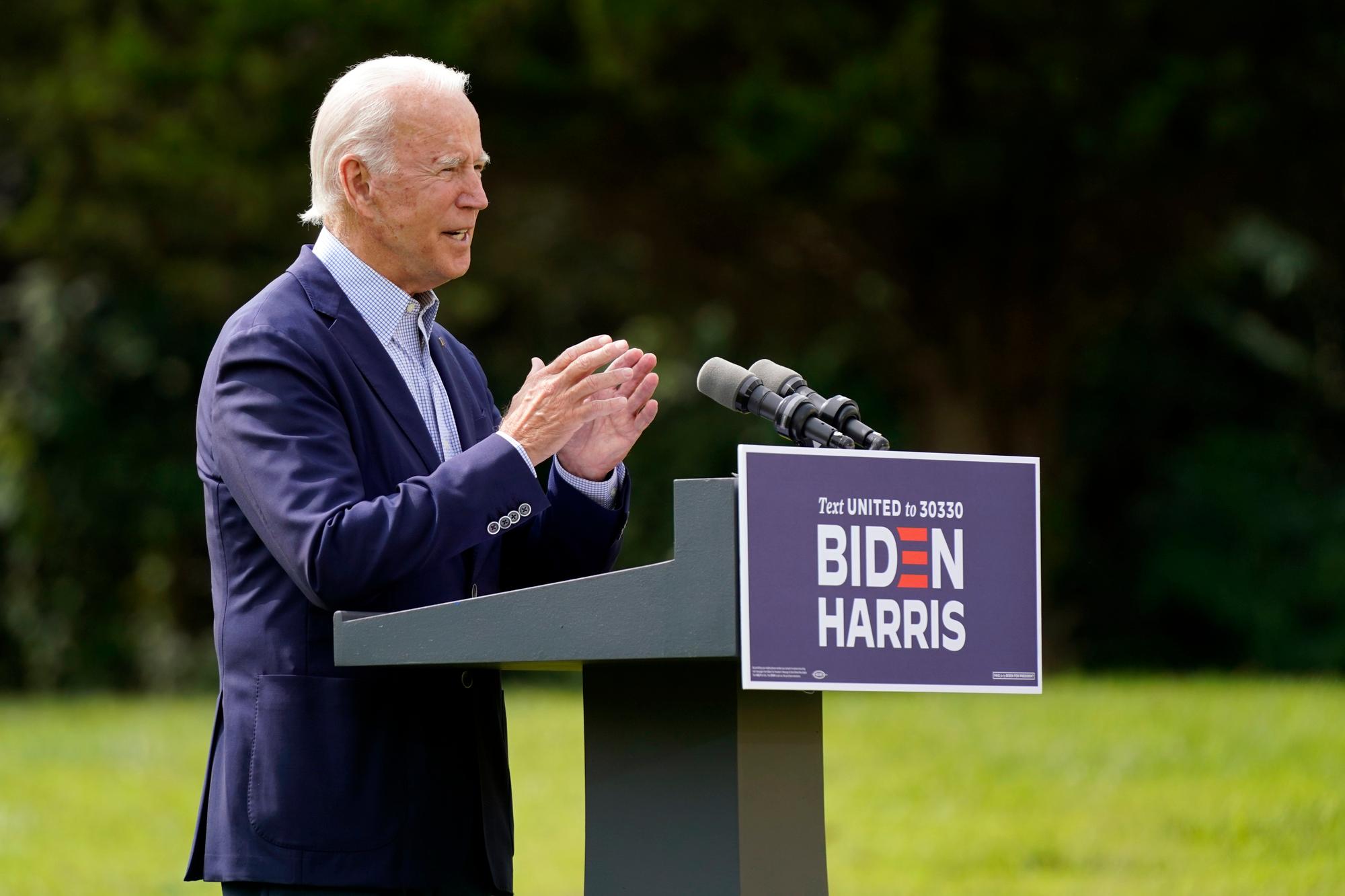 Democratic presidential candidate and former Vice President Joe Biden speaks about climate change and wildfires affecting western states, Monday, Sept. 14, 2020, in Wilmington, Del. (AP Photo/Patrick Semansky)