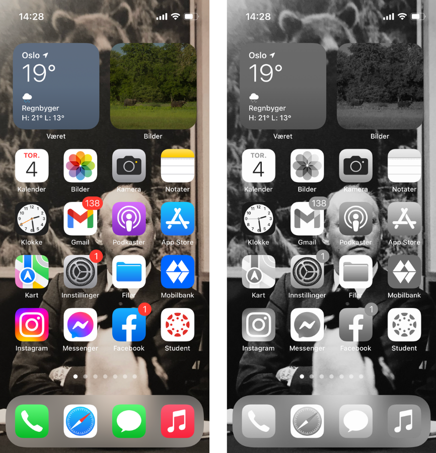 Skjermdump. Hjemskjerm med og uten grått fargefilter.