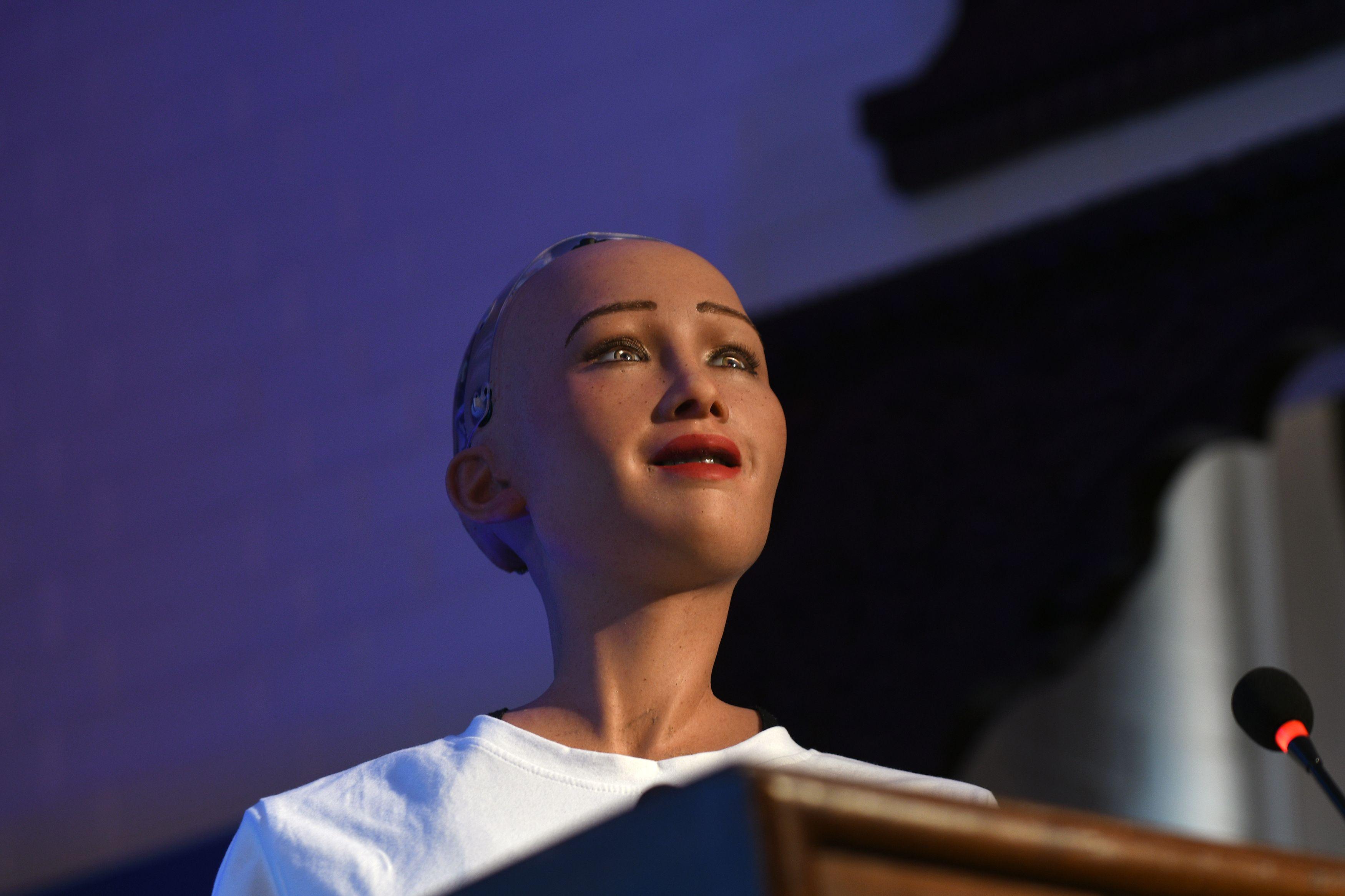 Humanoid robot Sophia speaks at a conference on using technology for public services in Kathmandu on March 21, 2018.
Sophia, a robot created by Hanson Robotics, was named by UNDP as its first non-human Innovation Champion, in November 2017. / AFP PHOTO / PRAKASH MATHEMA
