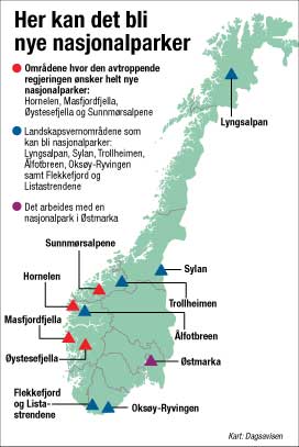 Mulige nye nasjonalparker i Norge.