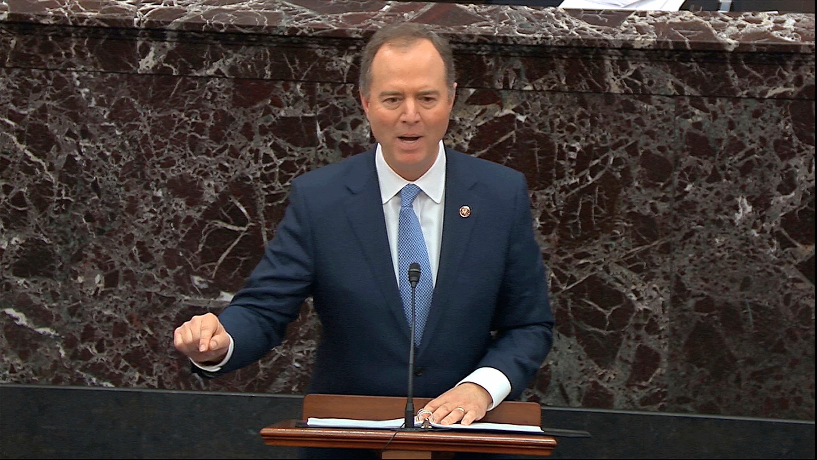 In this image from video, House impeachment manager Rep. Adam Schiff, D-Calif., speaks during the impeachment trial against President Donald Trump in the Senate at the U.S. Capitol in Washington, Friday, Jan. 24, 2020. (Senate Television via AP)