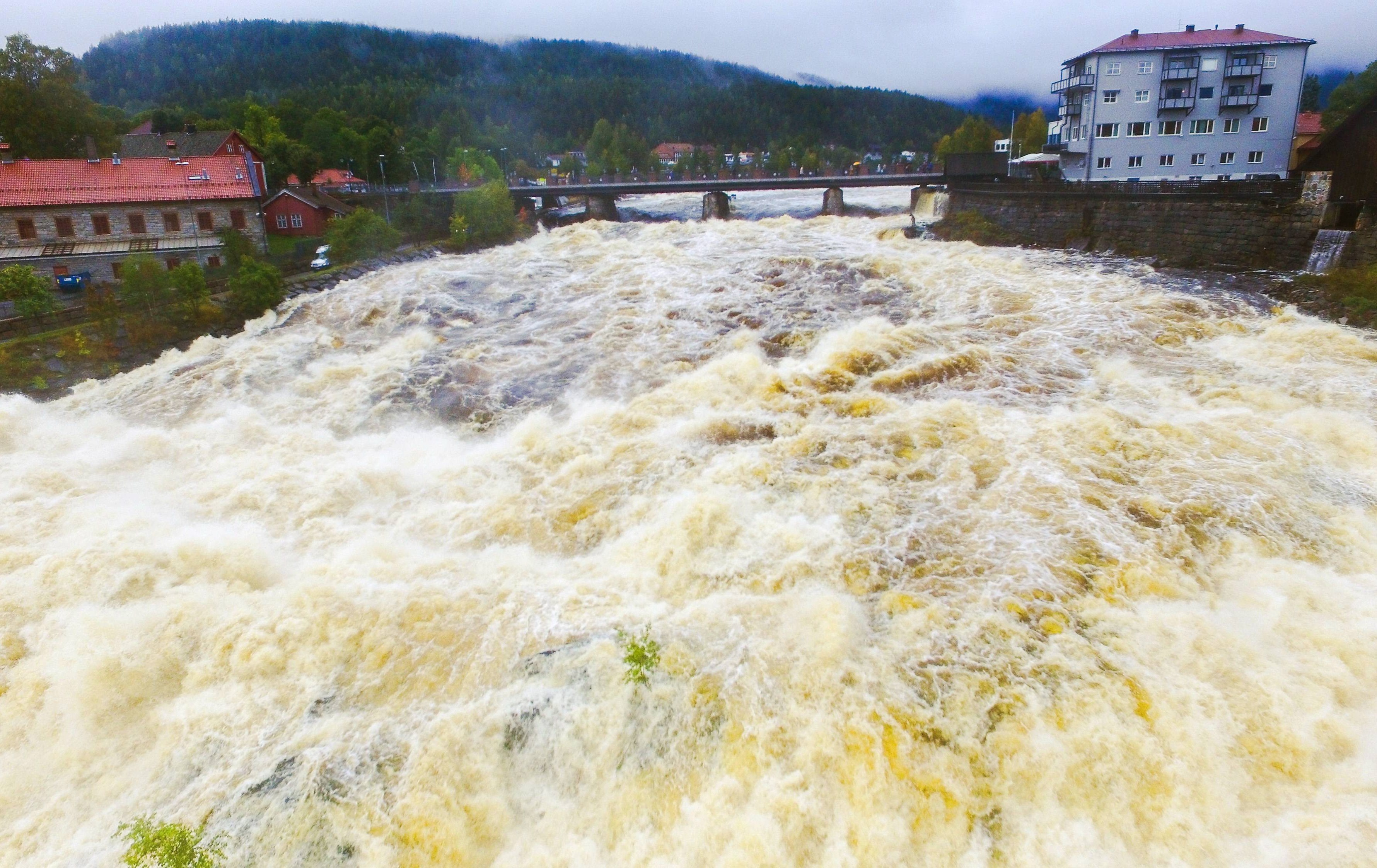 Numedalslågen ved Kongsberg ble skremmende stor etter hvert som regnet bare fortsatte. FOTO: TORE MEEK/NTB SCANPIX