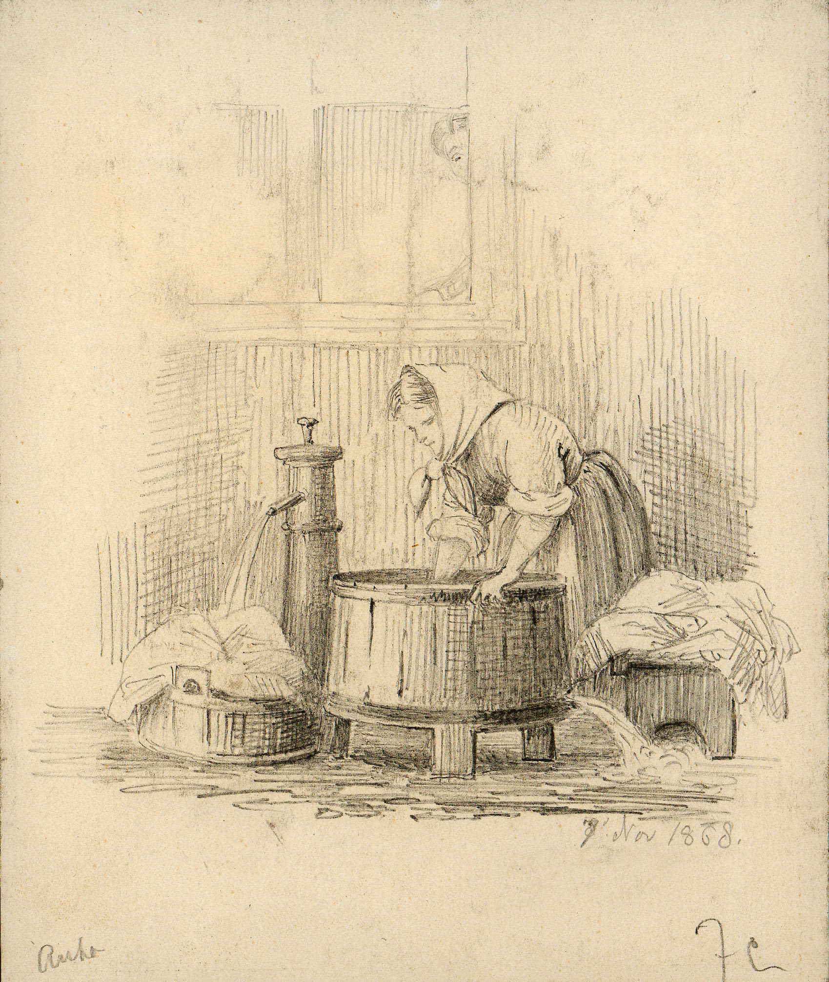 Ei dame skyller klær ved en vannpost. November, 1868.
