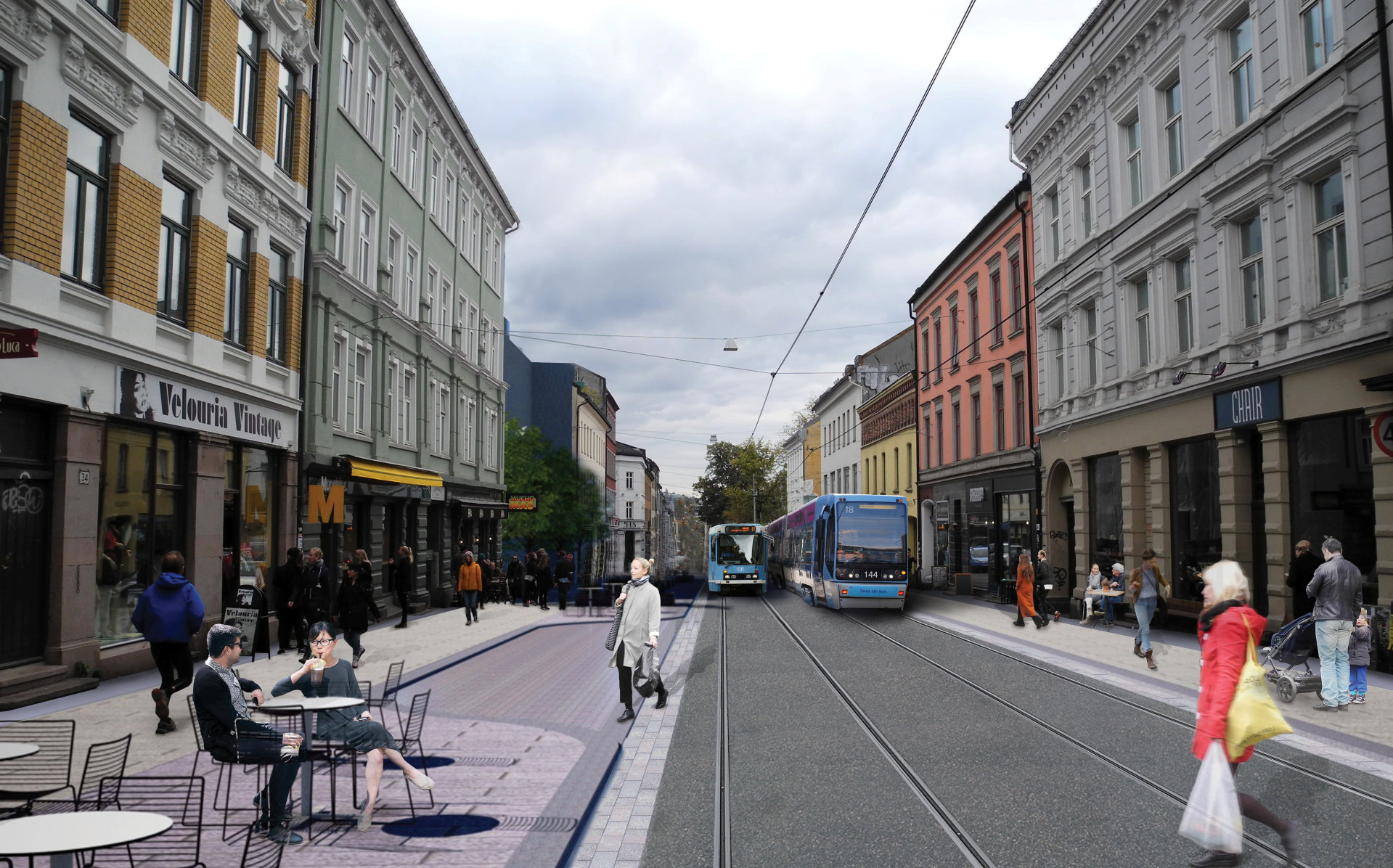 Bredere fortau, gatemøblering, lomme for varelevering, nye trikkeskinner og nytt gatebelegg. Slik ser byrådet for seg at Thorvald Meyers gate skal se ut.