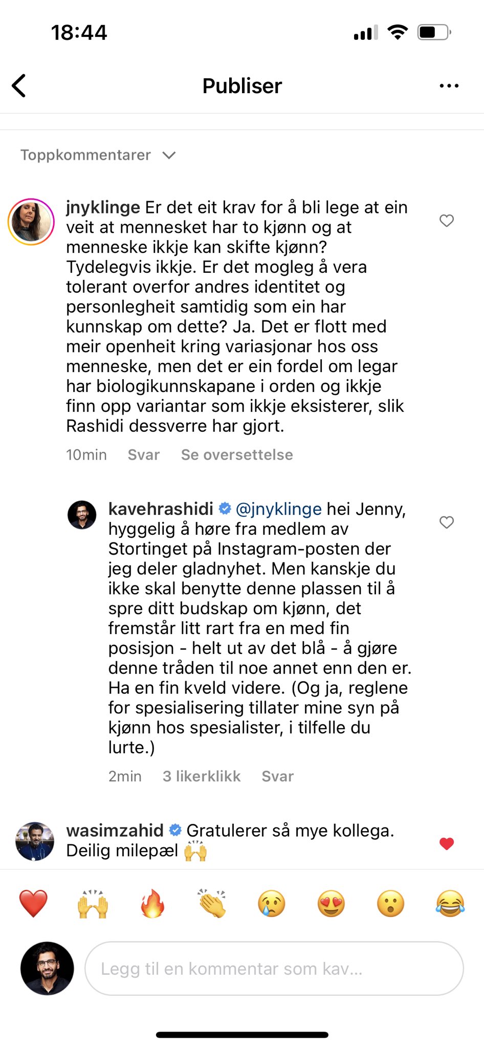 Skjermdump fra stortingsrepresentant Jenny Klinges svar til lege Kaveh Rashidi på Instragram