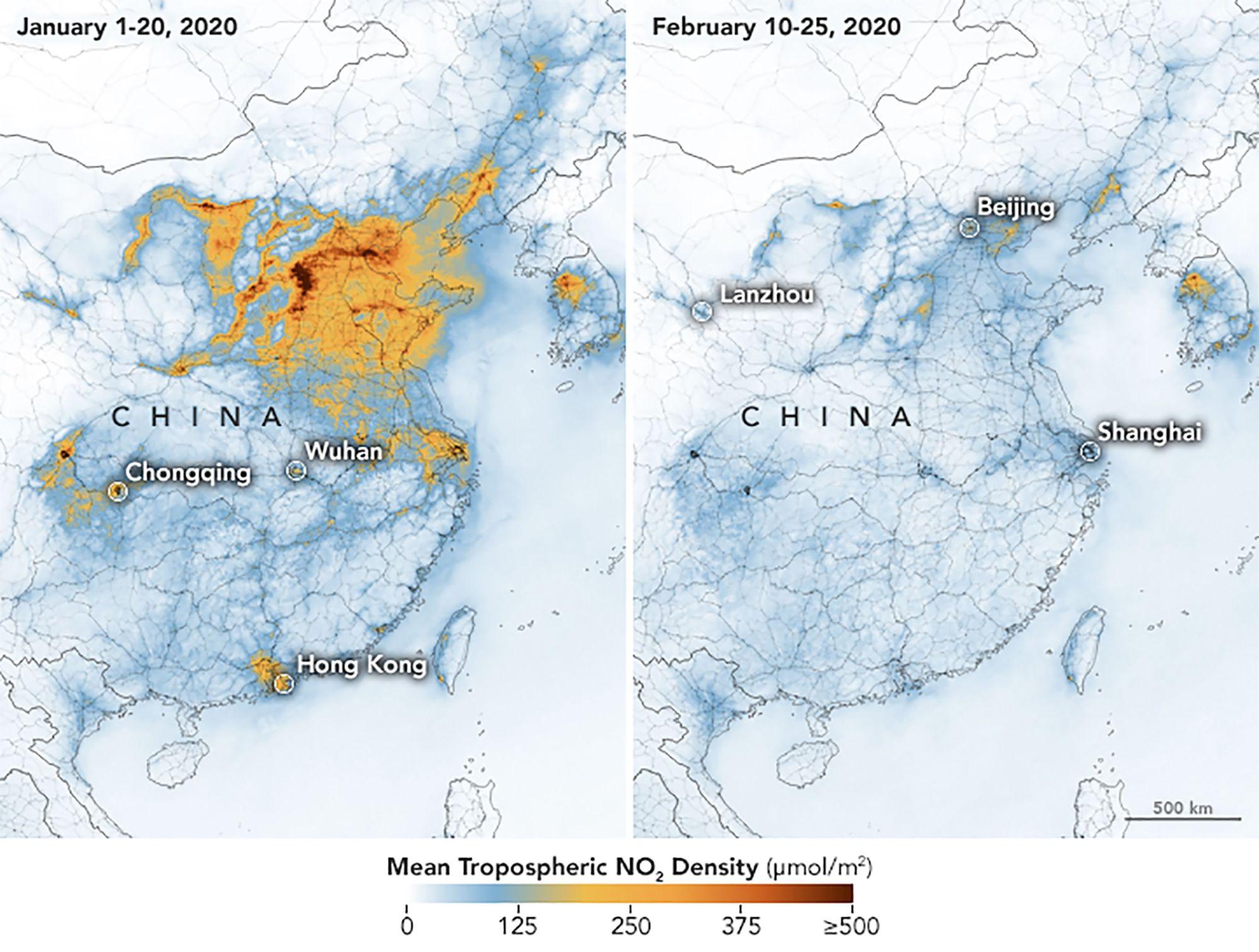 TOPSHOT - A handout photo released on March 2, 2020 by Nasa and Earth Observatory shows maps displaying nitrogen dioxide (NO2) values across China from January 1-20, 2020 (before the quarantine) and February 10-25 (during the quarantine) which illustrates a significant decrease in NO2 over China, partly related to the economic slowdown following the outbreak of the COVID-19 (new Coronavirus). (Photo by Joshua Stevens / NASA Earth Observatory / AFP) / RESTRICTED TO EDITORIAL USE - MANDATORY CREDIT "AFP PHOTO /NASA/Earth Observatory / Joshua STEVENS" - NO MARKETING - NO ADVERTISING CAMPAIGNS - DISTRIBUTED AS A SERVICE TO CLIENTS