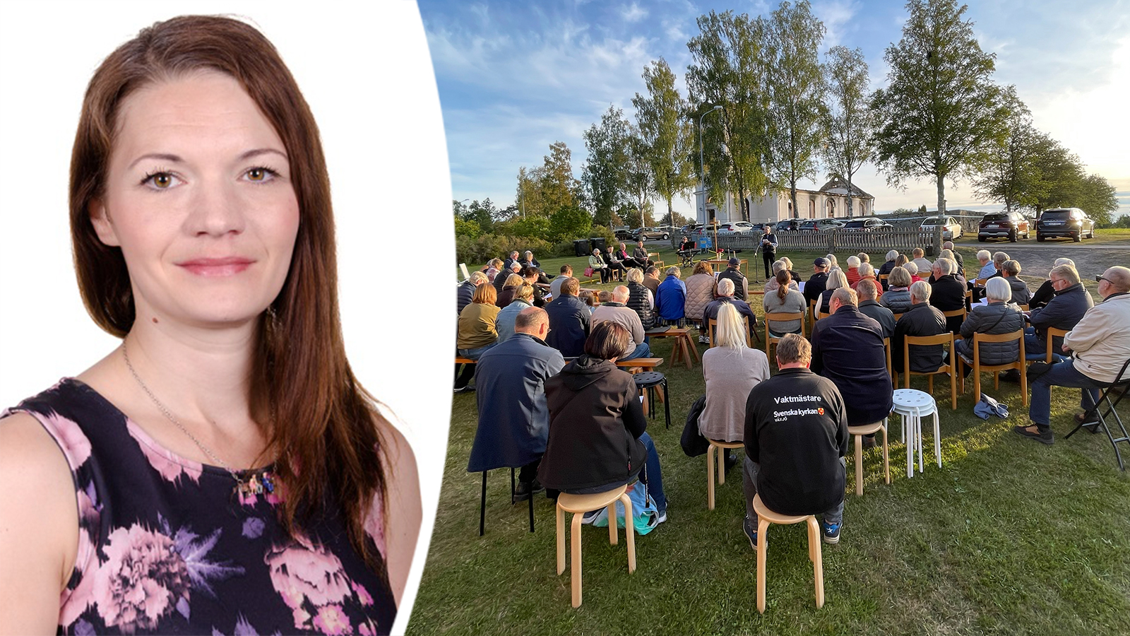 De firade gudstjänst framför den nedbrunna kyrkans ruiner