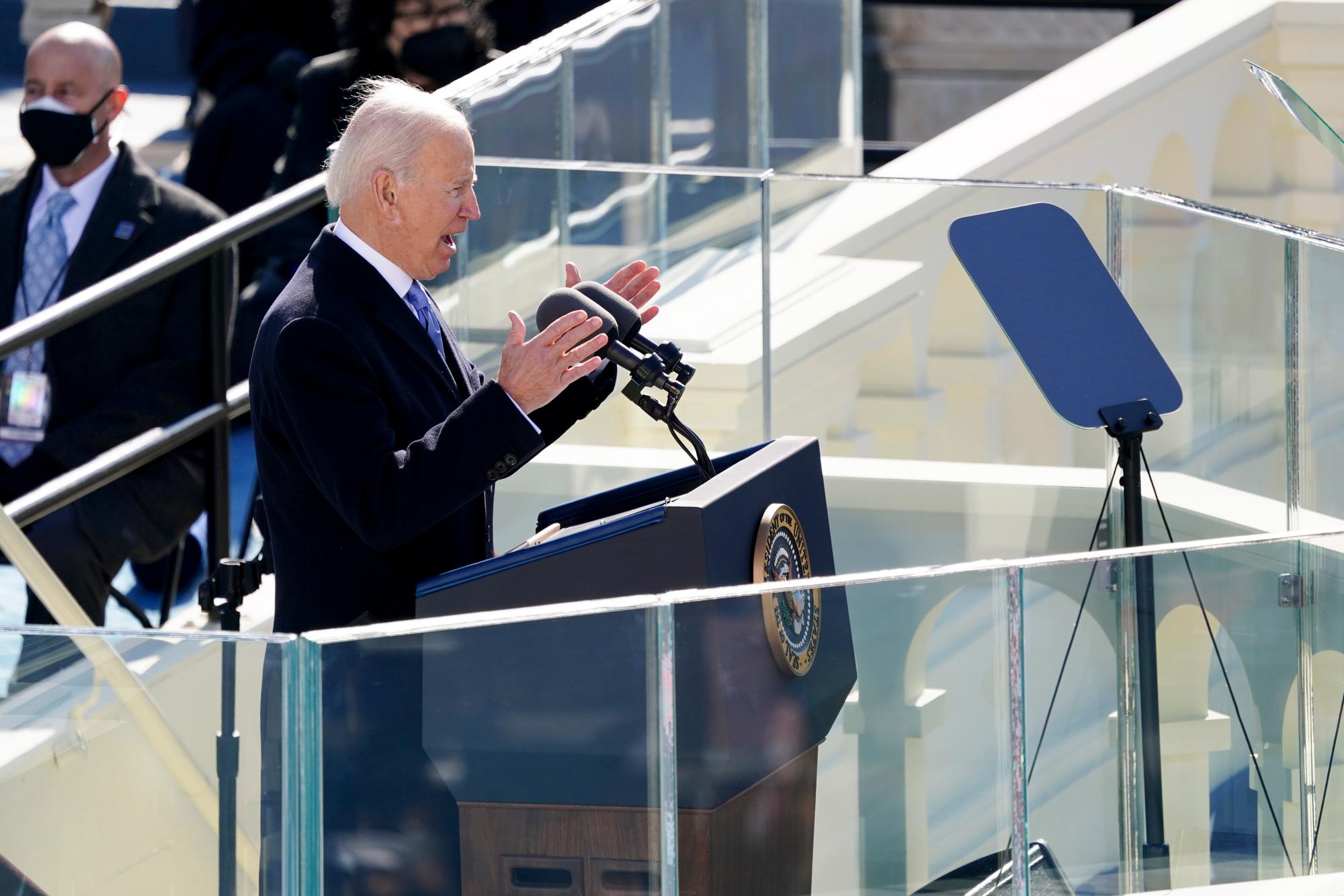 President Joe Biden delivers his inaugural address after he was sworn into office, Wednesday, Jan. 20, 2021, at the U.S. Capitol in Washington. (Kevin Dietsch/Pool Photo via AP)