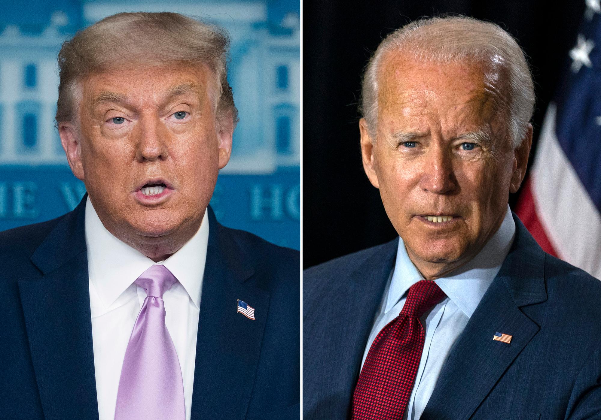 In this combination photo, president Donald Trump, left, speaks at a news conference on Aug. 11, 2020, in Washington and Democratic presidential candidate former Vice President Joe Biden speaks in Wilmington, Del. on Aug. 13, 2020. The conventions, which will be largely virtual because of the coronavirus, will be Aug. 17-20 for the Democrats and Aug. 24-27 for the Republicans. (AP Photo)