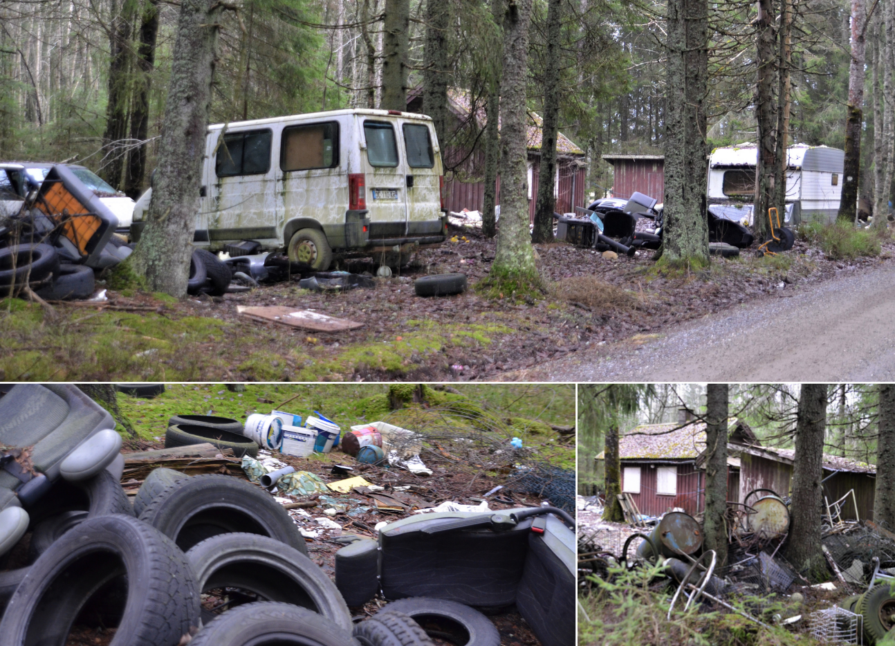 Eikebergveien i Indre Østfold kommune. For sju år siden fikk grunneierne varsel om tvangsmulkt hvis det ikke ble ryddet opp. Foto tatt 1. desember 2022.