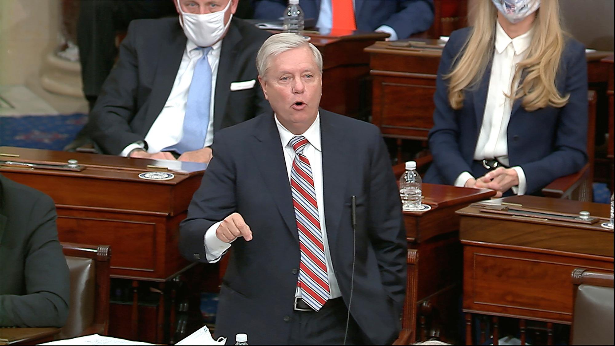 In this image from video, Sen. Lindsey Graham, R-S.C., speaks as the Senate reconvenes to debate the objection to confirm the Electoral College Vote from Arizona, after protesters stormed into the U.S. Capitol on Wednesday, Jan. 6, 2021. (Senate Television via AP)
