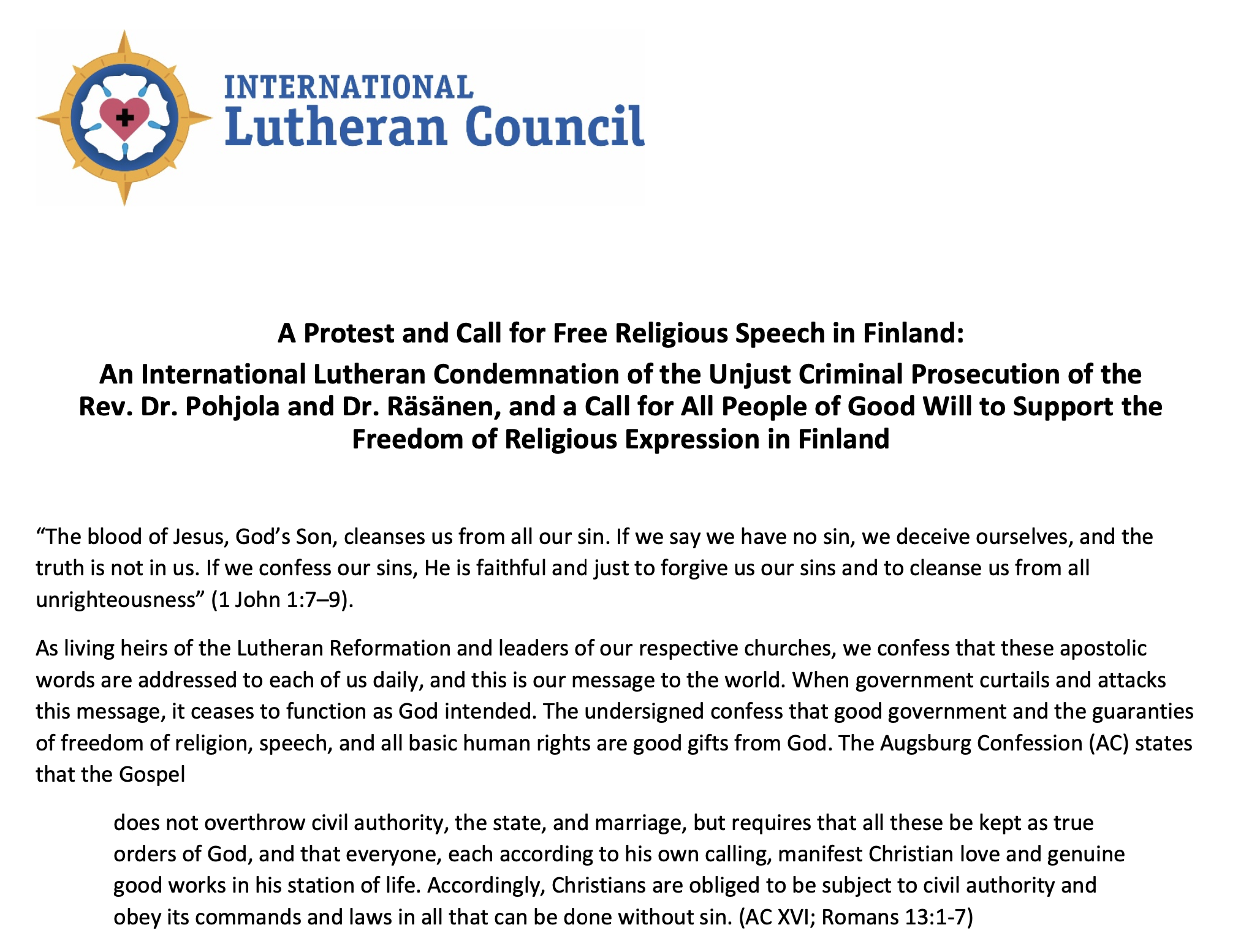 Brev fra International Lutheran Council om trosfrihet i Finland. Rådet fordømmer behandlingen av Dr. Päivi Räsänen og Dr. Juhana Pohjola.