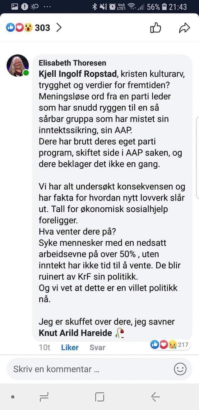 Elisabeth Thoresens Facebook-innlegg.