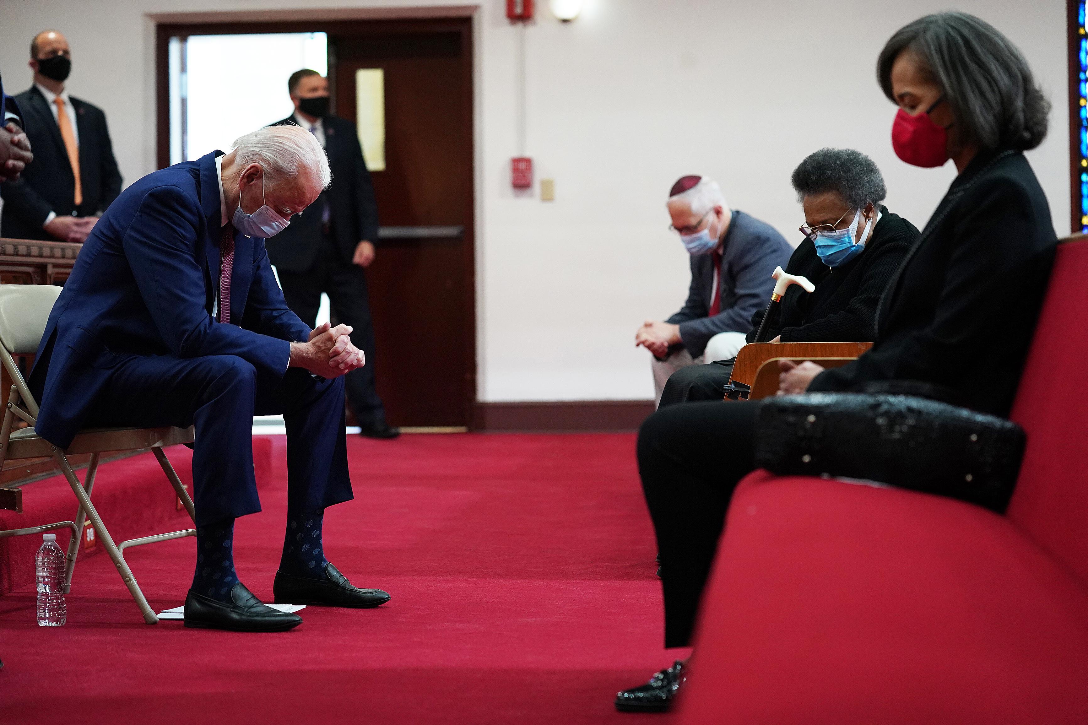 Former Vice President Joe Biden the Democratic Party’s presumptive presidential nominee, speaks with community leaders at Bethel AME Church in Wilmington, Del., on Monday,June 1, 2020. As the nation entered another day of unrest in response to the killing of George Floyd, who was pinned under a police officer’s knee for nearly nine minutes, Biden emerged from isolation to meet with parishioners and community leaders at a black church in Delaware. (Erin Schaff/The New York Times)