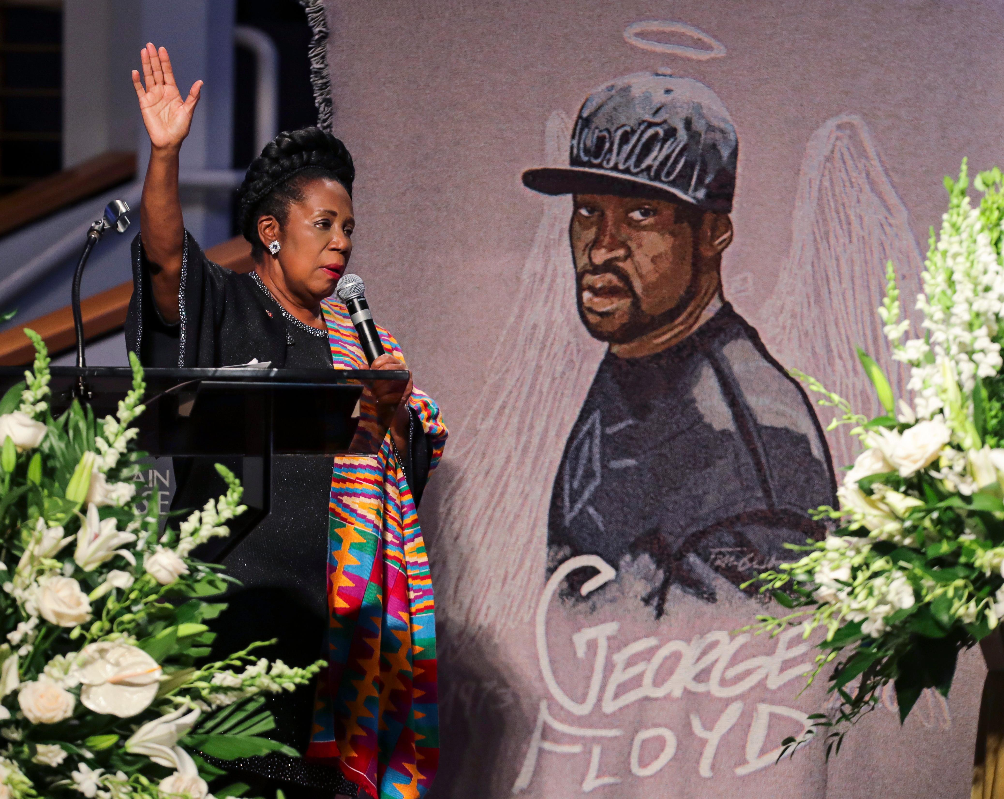 Congresswoman Sheila Jackson Lee speaks during the funeral for George Floyd on Tuesday, June 9, 2020, at The Fountain of Praise church in Houston. (Godofredo A. Vásquez/Houston Chronicle via AP, Pool)