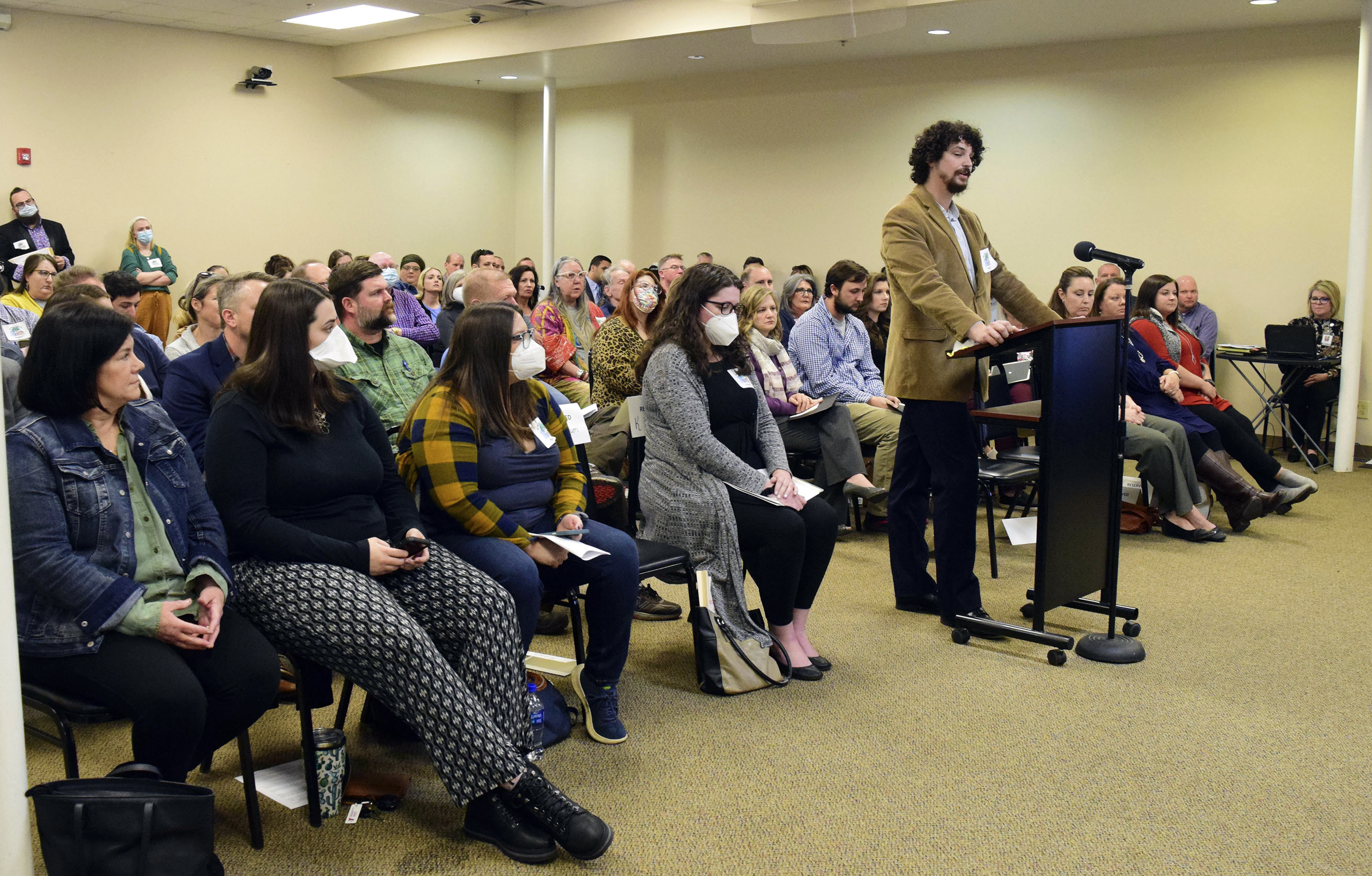 James Cockrum speaks before the McMinn County School Board in a packed meeting room, Thursday, Feb. 10, 2022, in Athens, Tenn. The McMinn County School Board heard from concerned citizens about the removal of the Pulitzer Prize-winning graphic novel about the Holocaust, “Maus," from the district's curriculum at the meeting. (Robin Rudd/Chattanooga Times Free Press via AP)