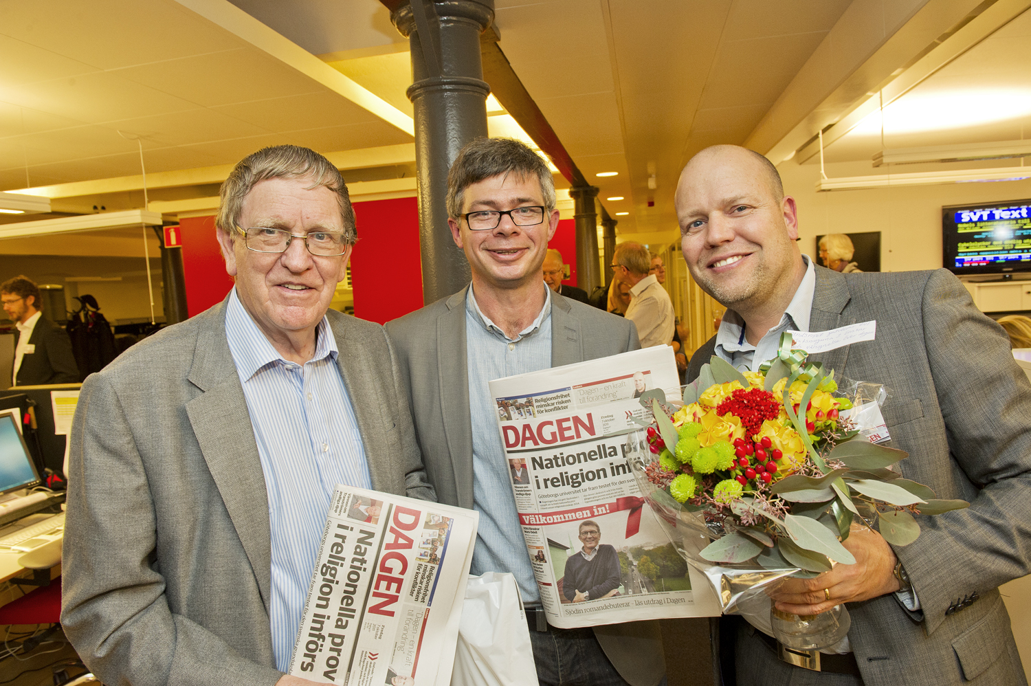 Releasefest för redesignade Dagen i lokalerna på Kungsholmstorg år 2011. På bilden: Dagens tidigare chefredaktör Olof Djurfeldt, Thomas Österberg, redaktionschef Dagen och Daniel Grahn, publisher Dagen.