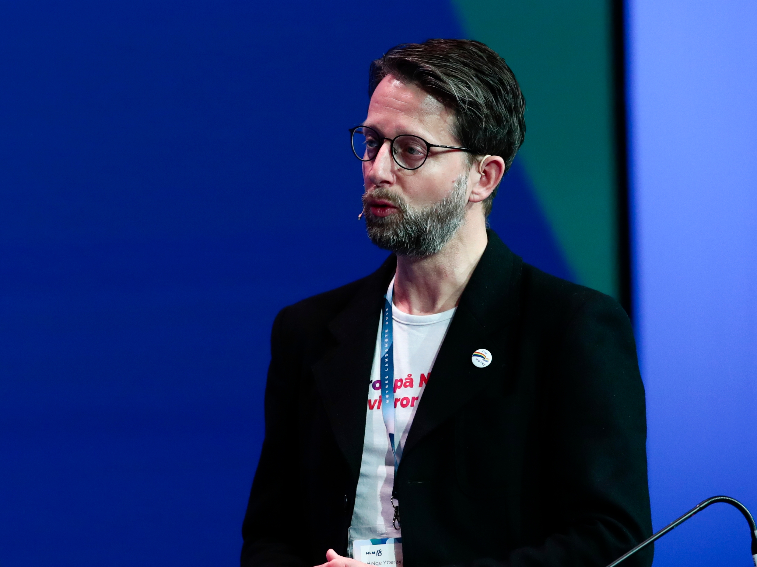 Gardermoen  20180407.
Helge Ytterøy L'Orange fra Høyre i duell under debatten om bioteknologi under Høyres landsmøte på Gardermoen lørdag.
Foto: Lise Åserud / NTB