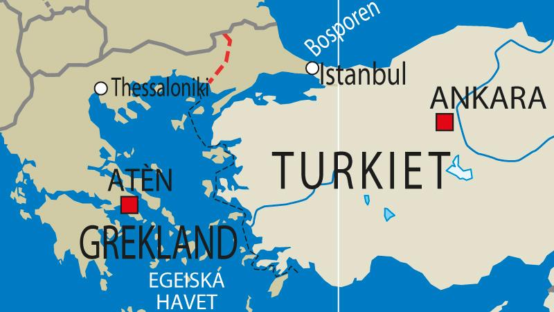 Gränsen mellan Grekland och Turkiet, markerat med rött på kartan.