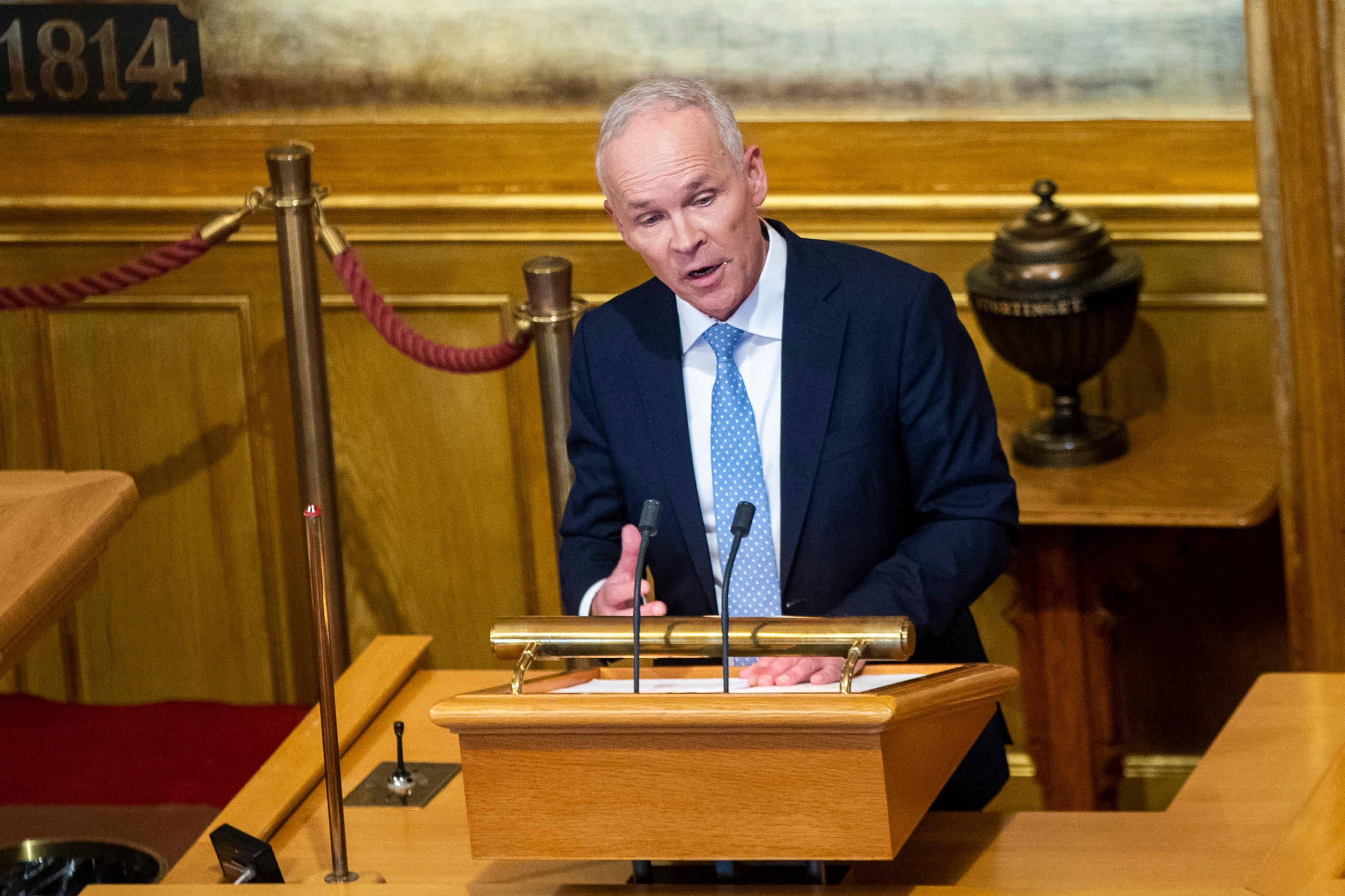 Oslo 20201007. 
Finansminister Jan Tore Sanner holder finanstalen i Stortinget under fremleggelsen av regjeringens forslag til statsbudsjett for 2021.
Foto: Terje Pedersen / NTB