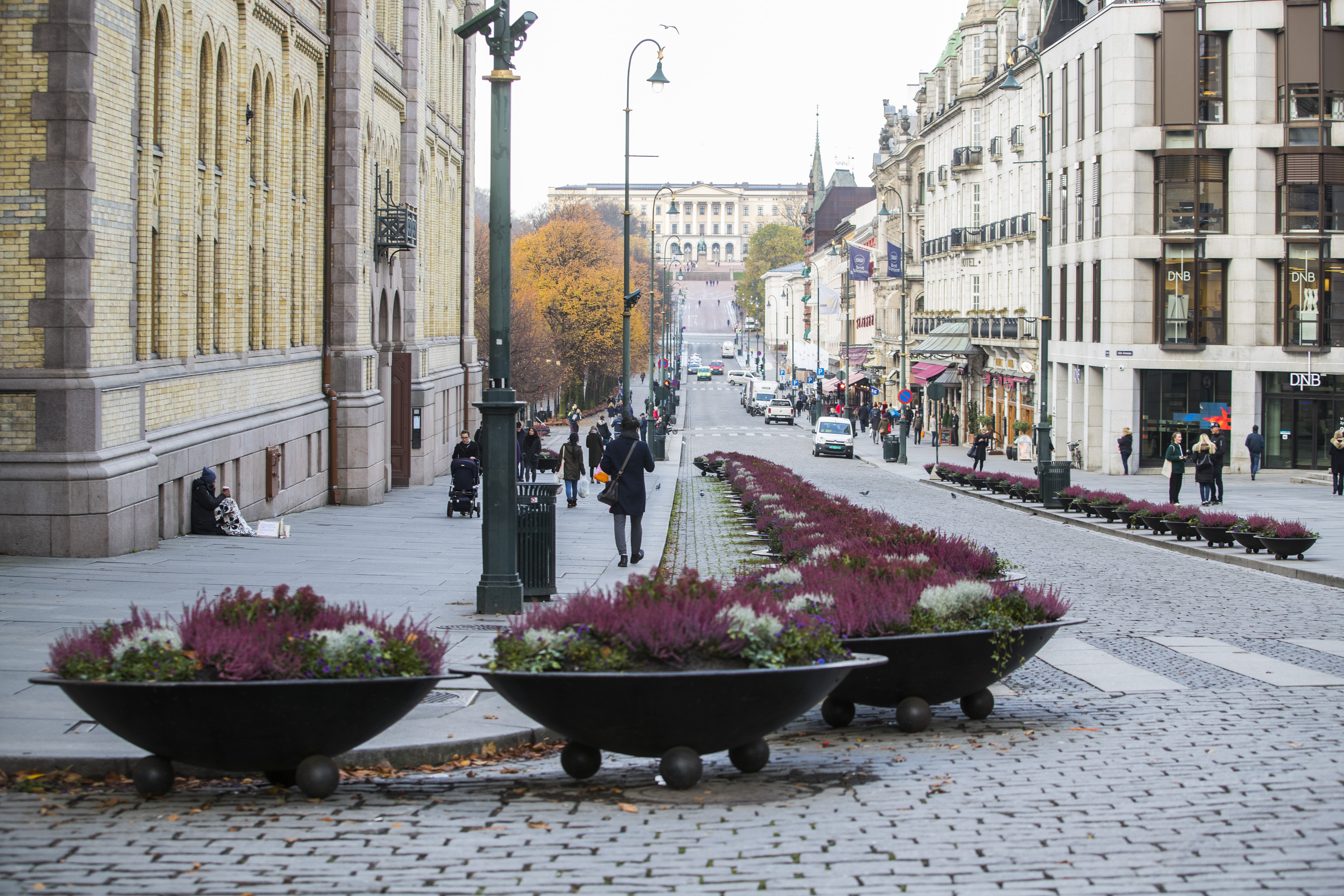 TERROR-TILTAK: Disse blomsterkassene på Karl Johan er blant det som skal skal hindre terror i Oslo. De ble satt opp i 2017. Hensikten er å hindre og forebygge at biler å oppnå stor fart. De siste årene har man sett flere eksempler på at kjøretøy har blitt brukt som et terror-våpen.