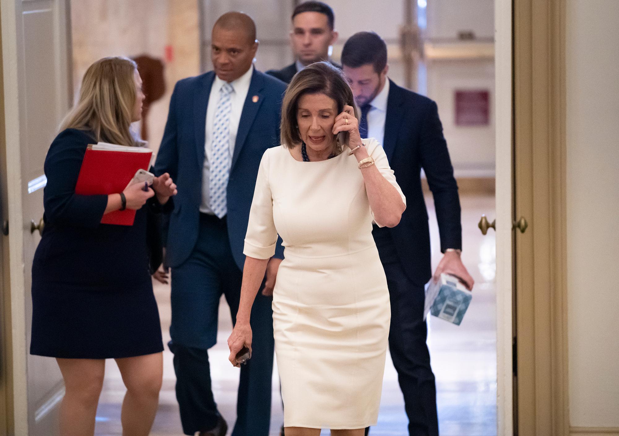 Speaker of the House Nancy Pelosi, D-Calif., arrives at the Capitol in Washington, Thursday, Sept. 26, 2019, just as Acting Director of National Intelligence Joseph Maguire is set to speak publicly for the first time about a secret whistleblower complaint involving President Donald Trump. Pelosi committed Tuesday to launching a formal impeachment inquiry against Trump. (AP Photo/J. Scott Applewhite)