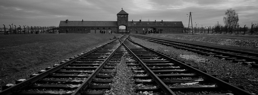 Las vías del tren conducen al campo de Birkenau o Auschwitz II, en Oswiecim (Polonia), situado a unos tres kilómetros de Auschwitz I. Con una extensión de 500 hectáreas, estaba dividido en varias secciones, estaba cercado por alambradas de espino y cercas electrificadas, que fueron utilizadas por algunos prisioneros para suicidarse. El objetivo principal de este campo de concentración (frente a Auschwitz I o III) fue el exterminio. En cada una de sus cuatro cámaras de gas, y respectivos crematorios, cabían 2.500 personas por turno.