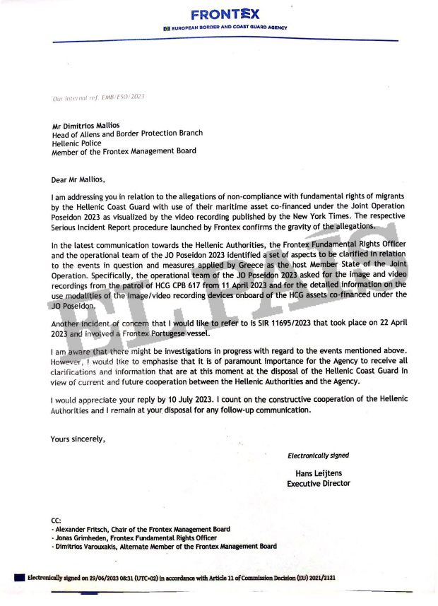 Carta do diretor da Frontex solicitando explicações às autoridades gregas sobre as violações dos direitos humanos.