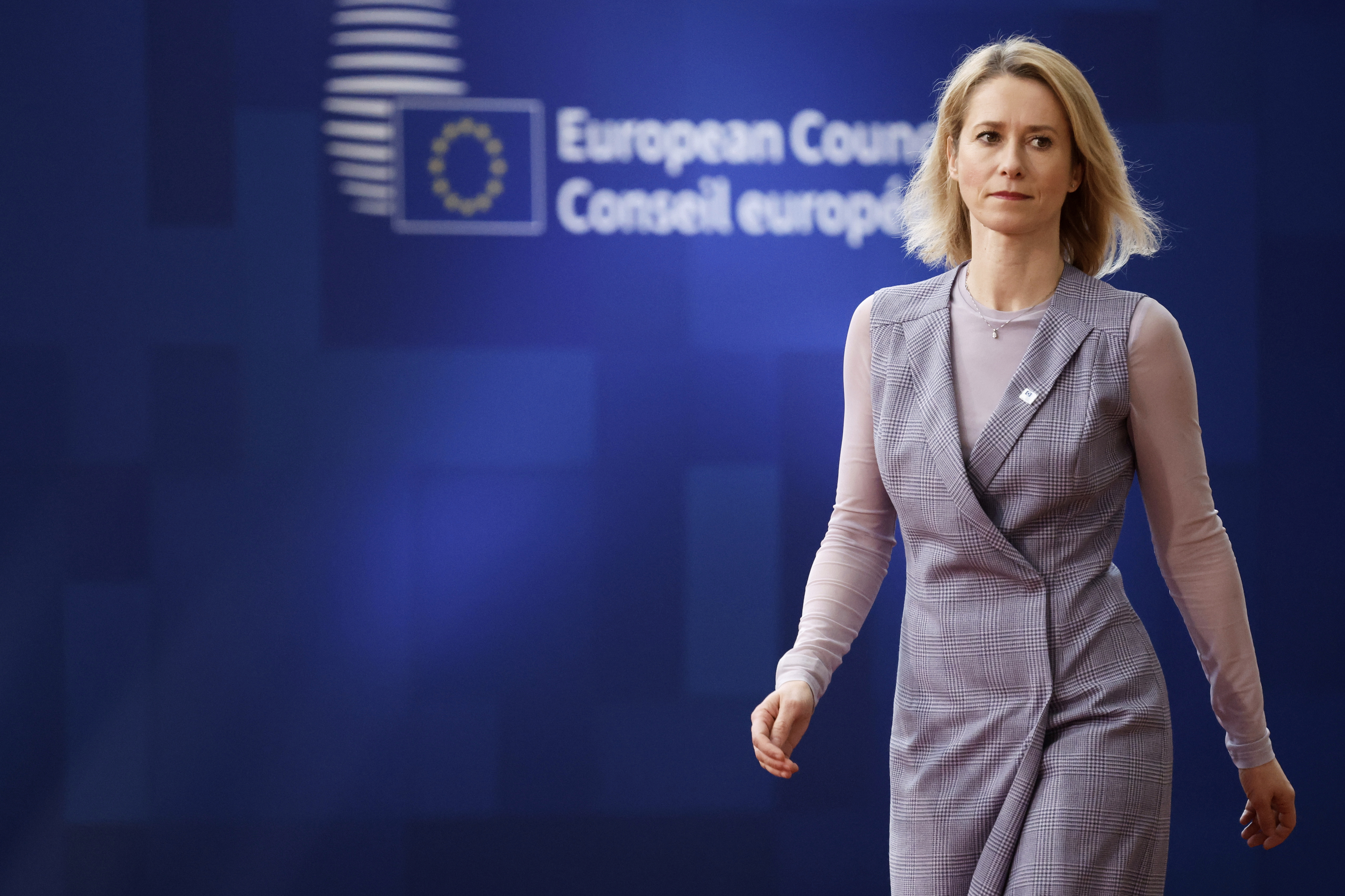 European Union foreign policy chief Kaja Kallas arrives for an EU summit at the European Council building in Brussels, Thursday, March 20, 2025. (AP Photo/Geert Vanden Wijngaert)