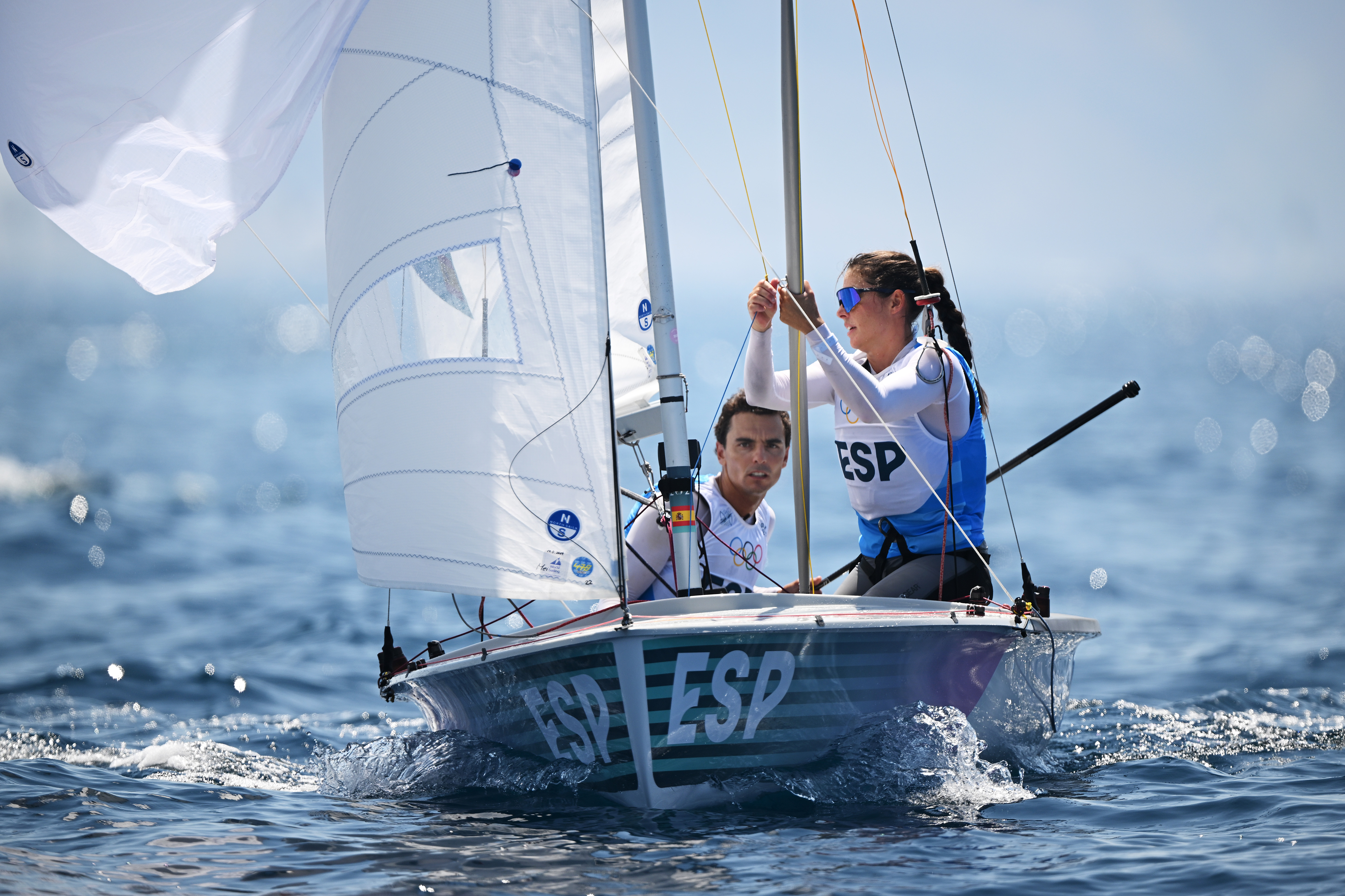 MARSEILLE, FRANCE - AUGUST 06: Nora Brugman Cabot and Jordi Xammar Hernandez of Team Spain compete in the Mixed Dinghy 470 class on day eleven of the Olympic Games Paris 2024 at Marseille Marina on August 06, 2024 in Marseille, France. (Photo by Clive Mason/Getty Images)