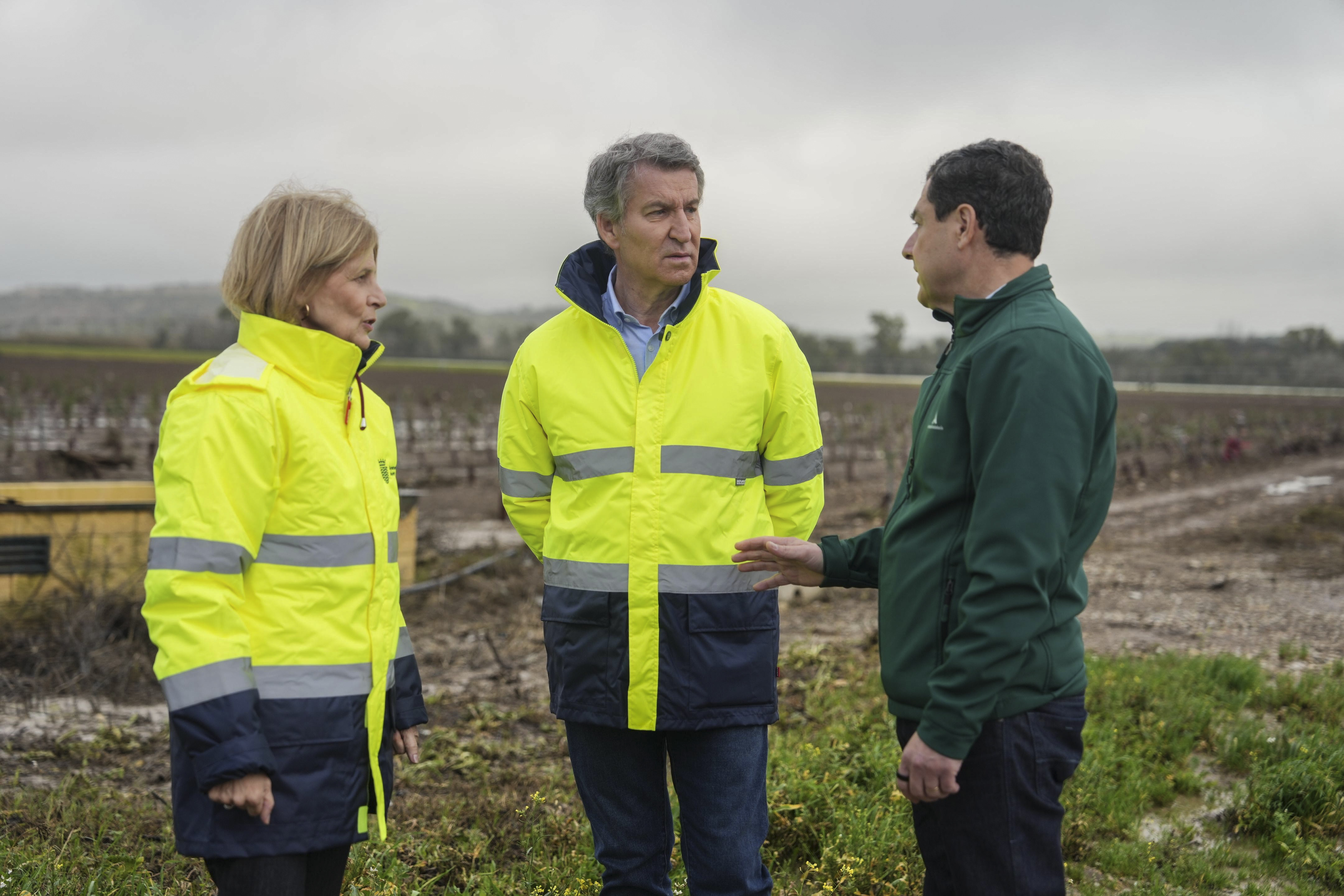 Alberto Núñez Feijóo visita junto a Juanma Moreno una zona afectada por las inundaciones en Jerez, este jueves.