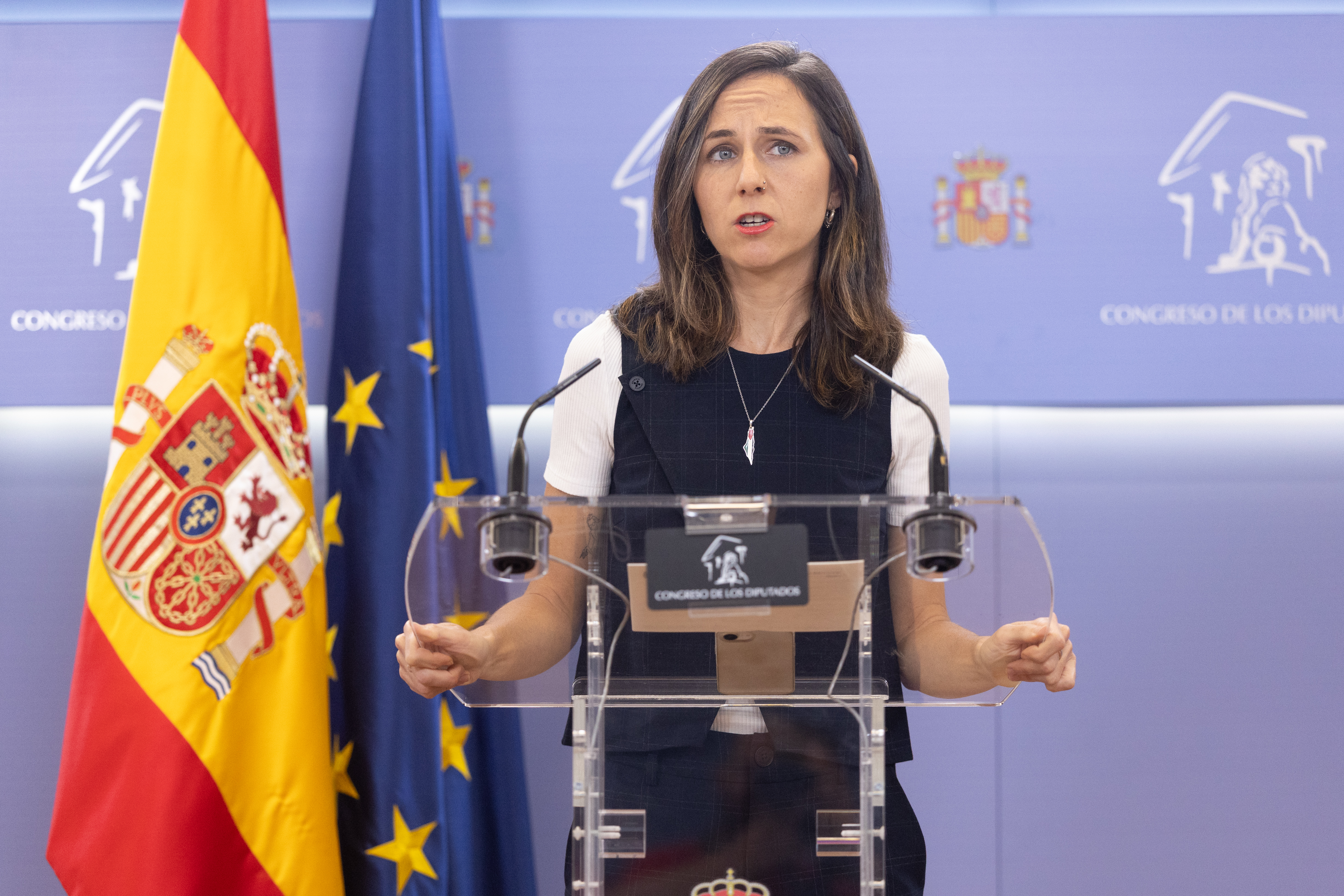 La portavoz de Podemos en el Congreso, Ione Belarra, durante una rueda de prensa anterior a la Junta de Portavoces, en el Congreso de los Diputados, a 7 de octubre de 2025, en Madrid (España).
07 OCTUBRE 2025;MESA;CONGRESO;DIPUTADOS
Eduardo Parra / Europa Press
07/10/2025