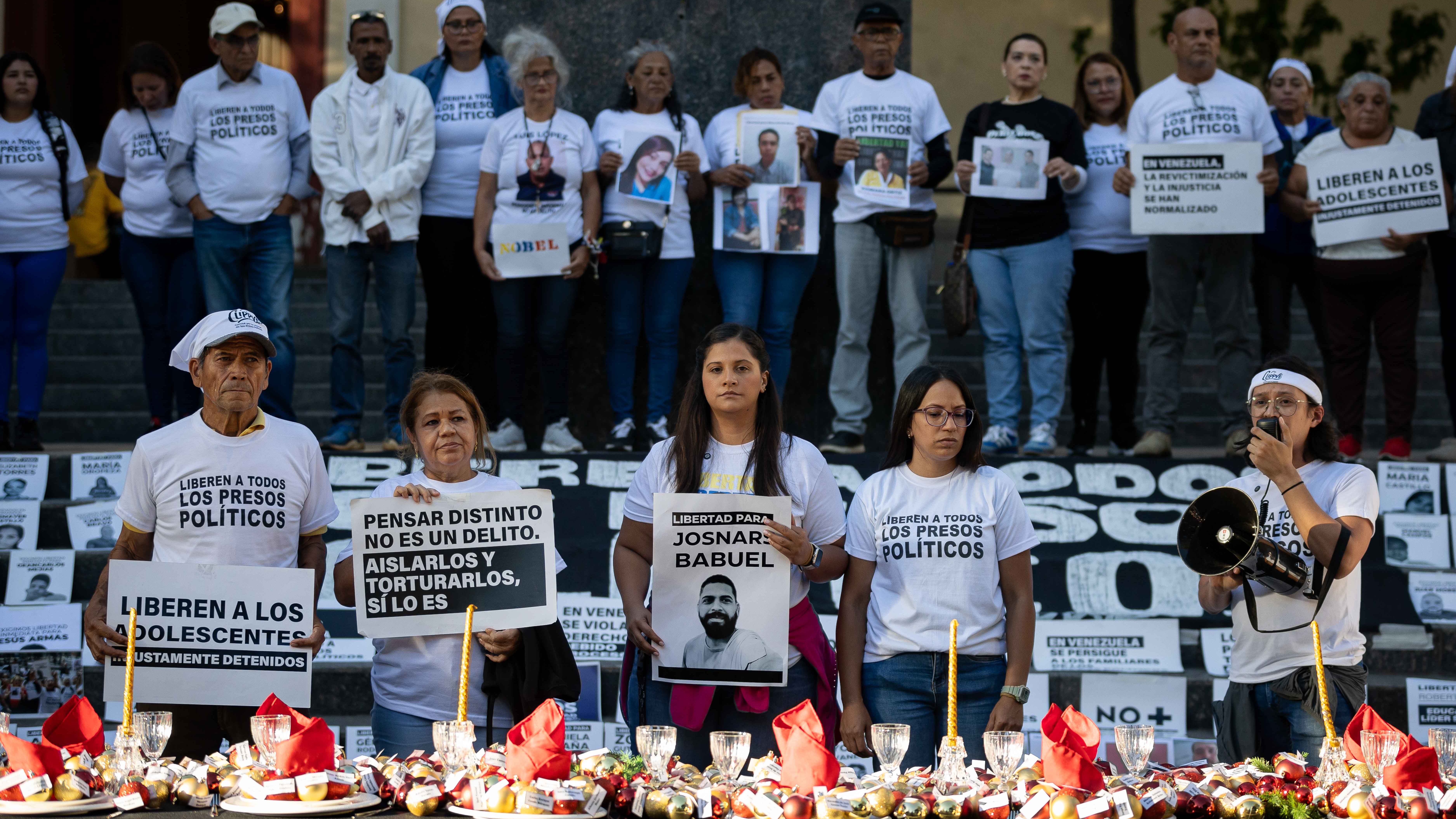 Relatives of political prisoners in Venezuela during a demonstration in Caracas