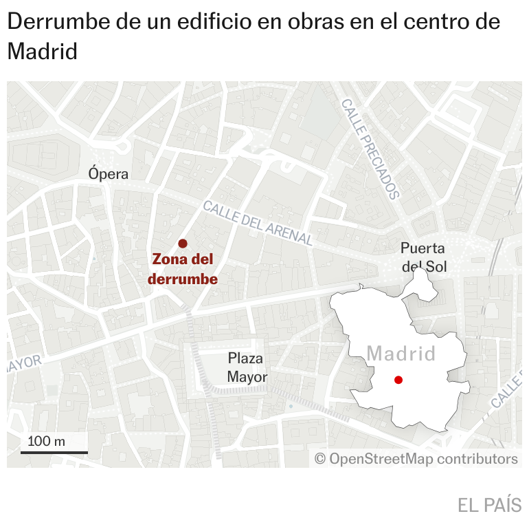 Al menos tres heridos en el derrumbe de un edificio en obras en el centro de Madrid: “Está lleno de ambulancias y policías”