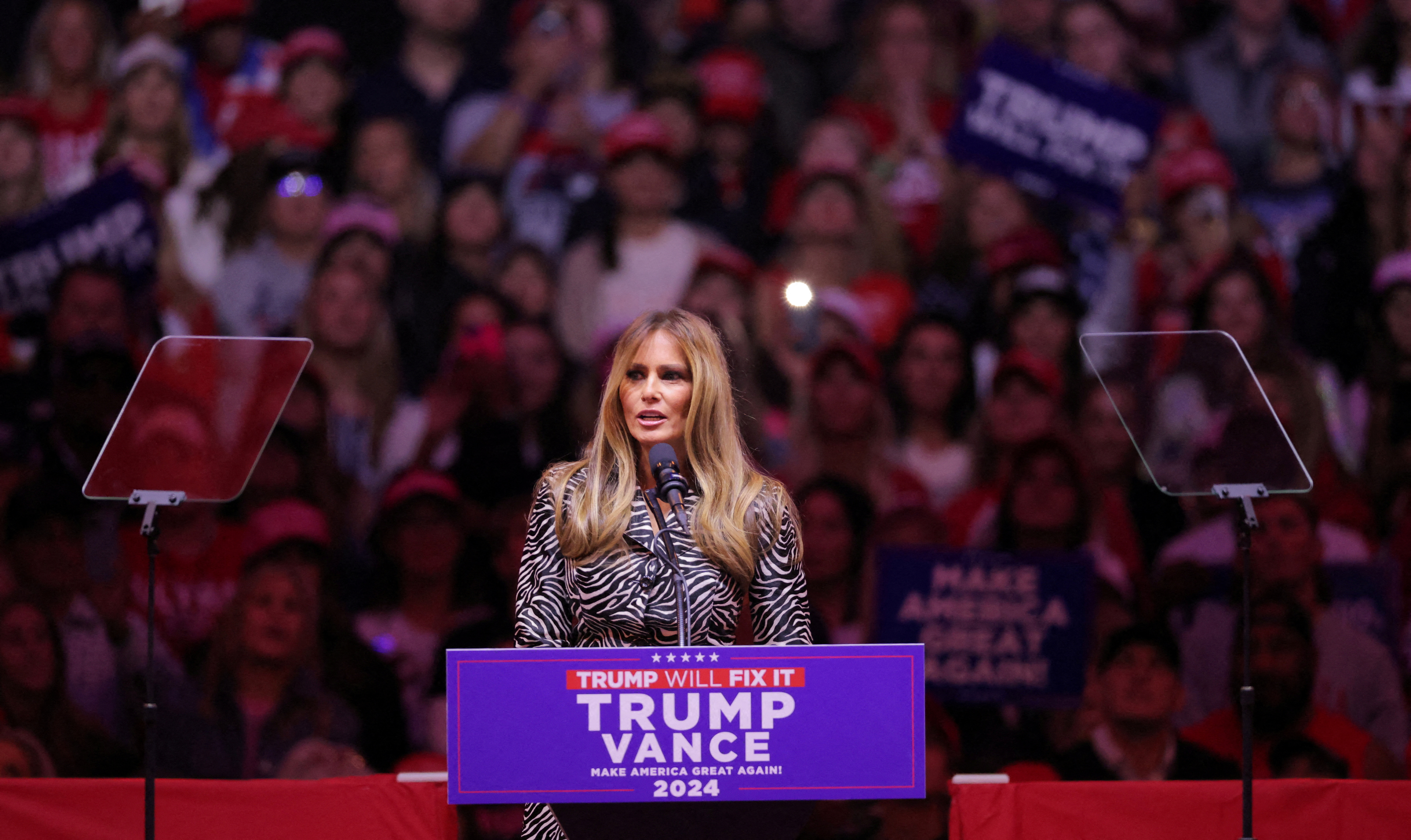 Melania Trump speaks during a rally for Republican presidential nominee and former U.S. President Donald Trump, at Madison Square Garden, in New York, U.S., October 27, 2024. REUTERS/Andrew Kelly