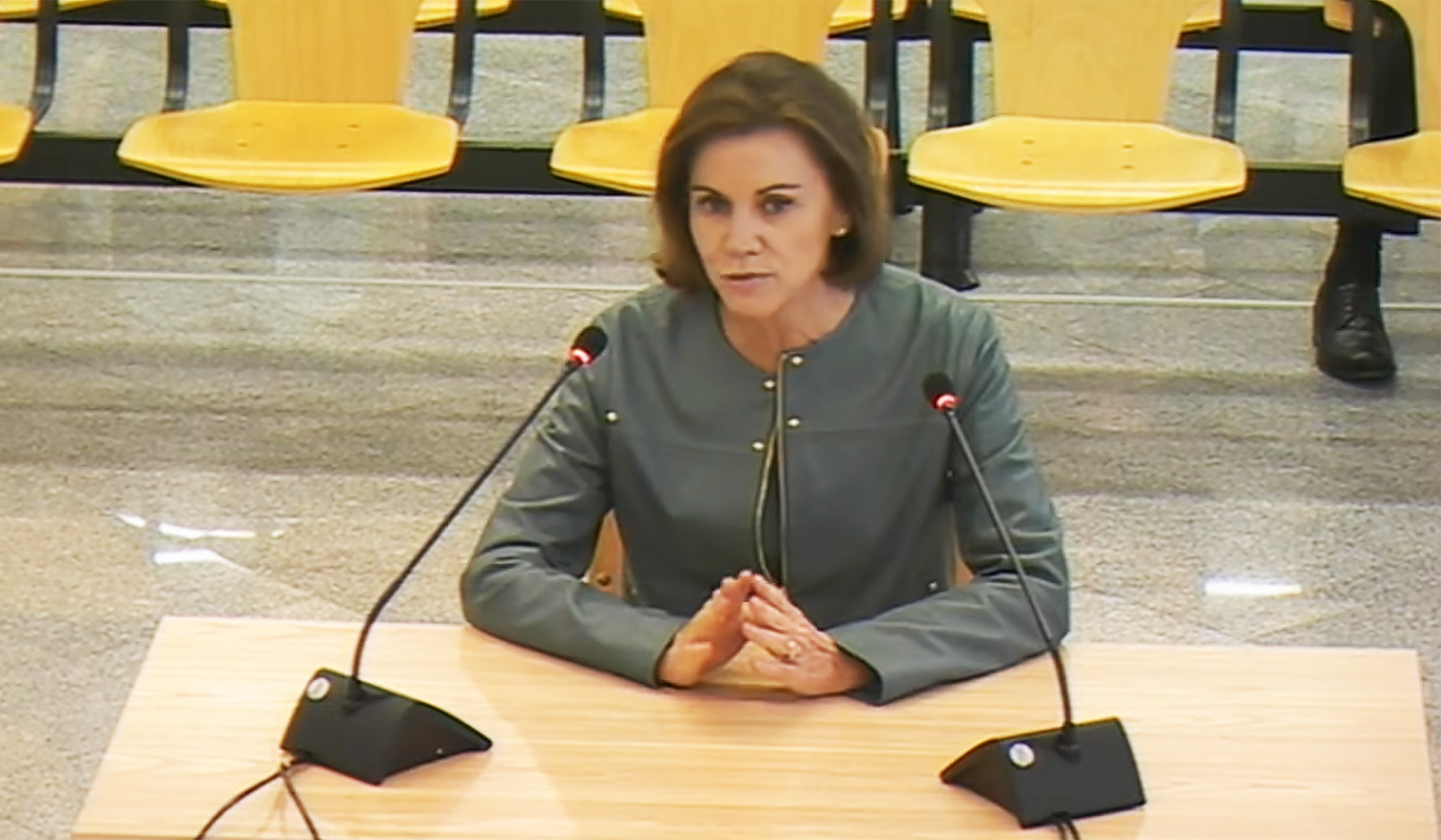 La ex secretaria general del PP María Dolores de Cospedal, durante su declaración ante la Audiencia Nacional este jueves.