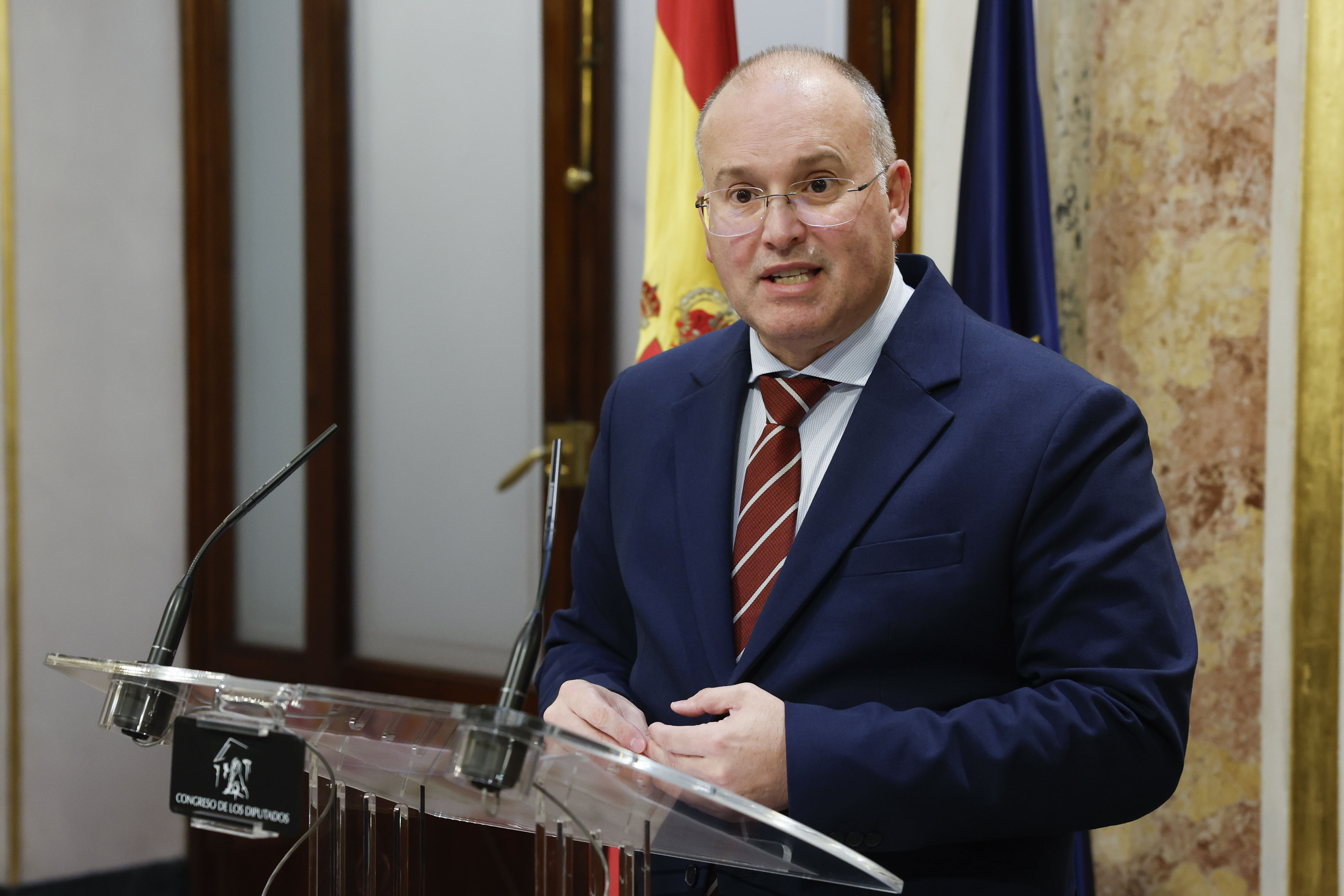 El secretario general del PP, Miguel Tellado, durante una rueda de prensa en el Congreso de los Diputados