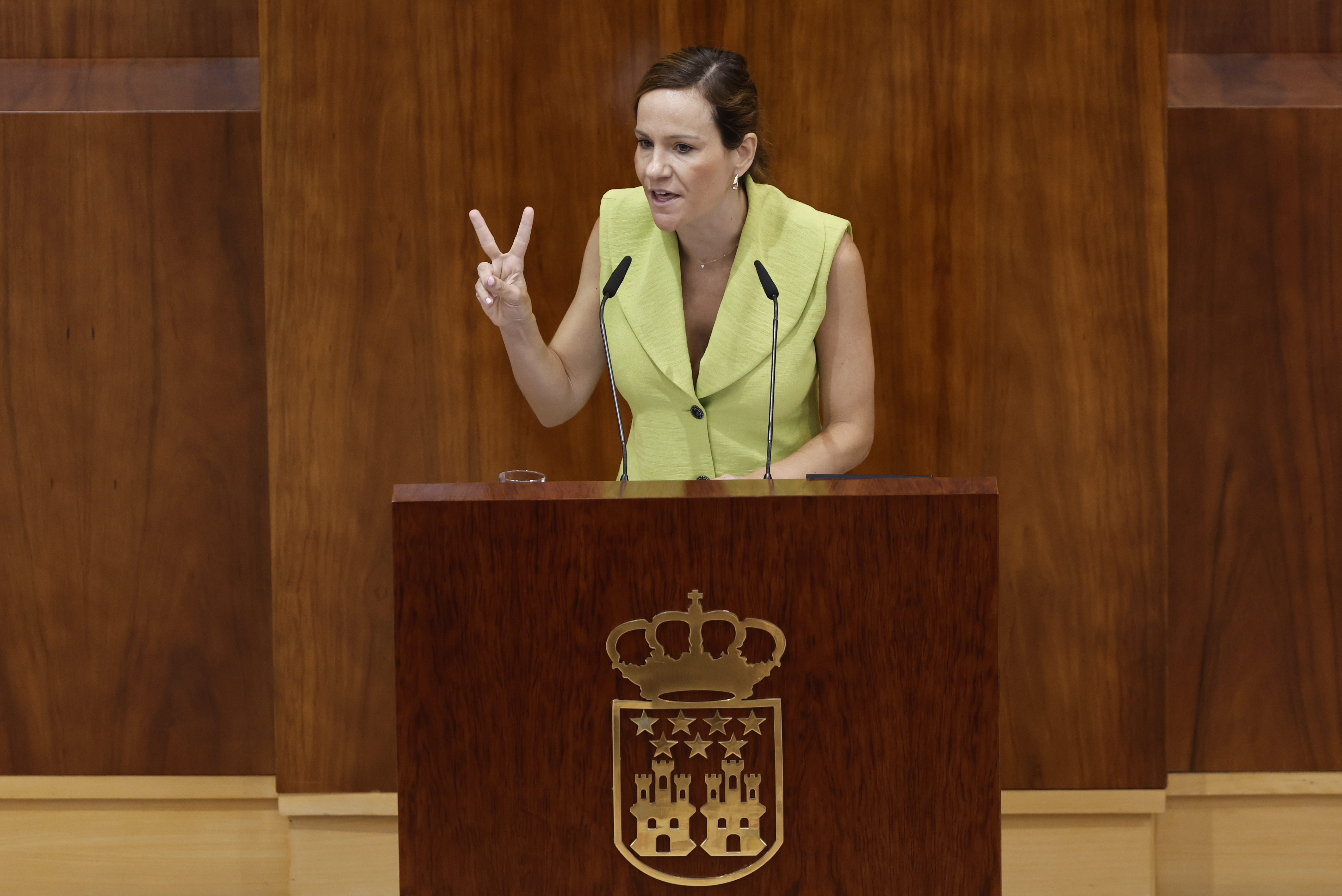 La portavoz de Vox en la Asamblea de Madrid, Isabel Pérez, durante su intervención. 