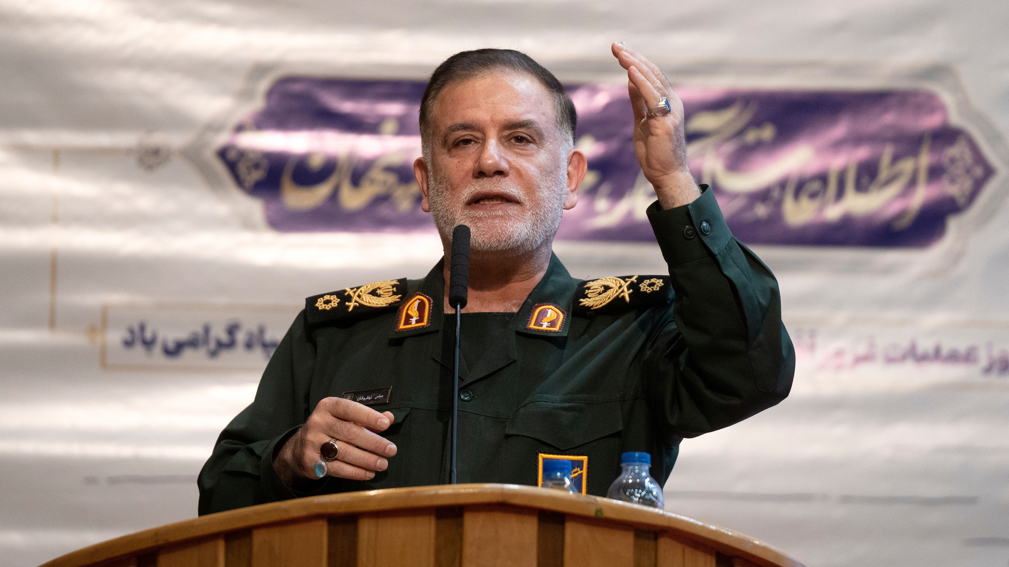 In this photo provided by Fars News Agency, Iranian Revolutionary Guard Gen. Abbas Nilforushan addresses a meeting in Tehran, Iran, Feb. 5, 2024. Nilforushan died in an Israeli airstrike that killed Hezbollah leader Hassan Nasrallah in Beirut, Iranian media reported Saturday. (Elaheh Javan, Fars News Agency via AP)