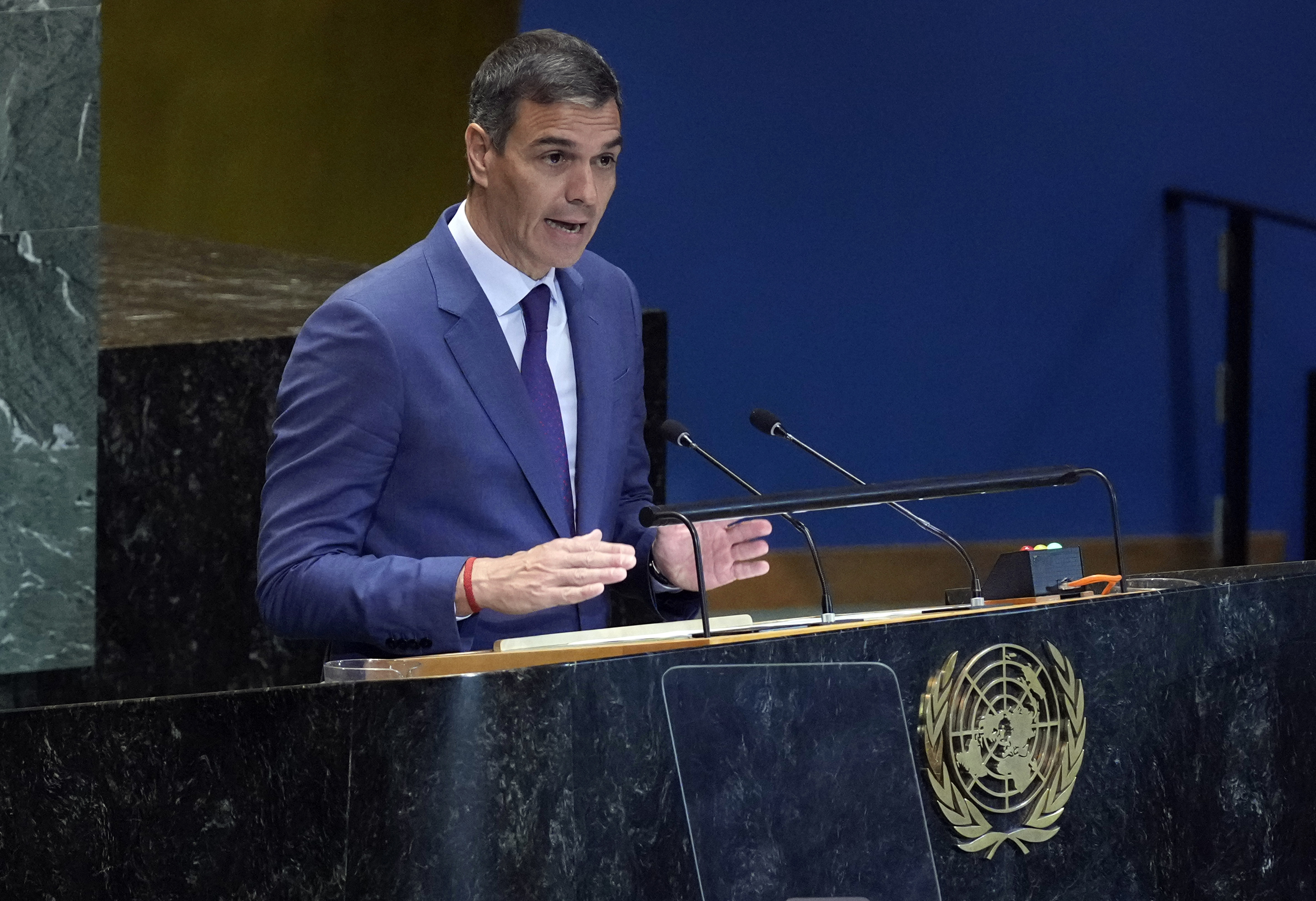 Spain's Prime Minister Pedro Sanchez Perez-Castejon addresses the the Summit of the Future, in the United Nations General Assembly, Monday, Sept. 23, 2024. (AP Photo/Richard Drew)