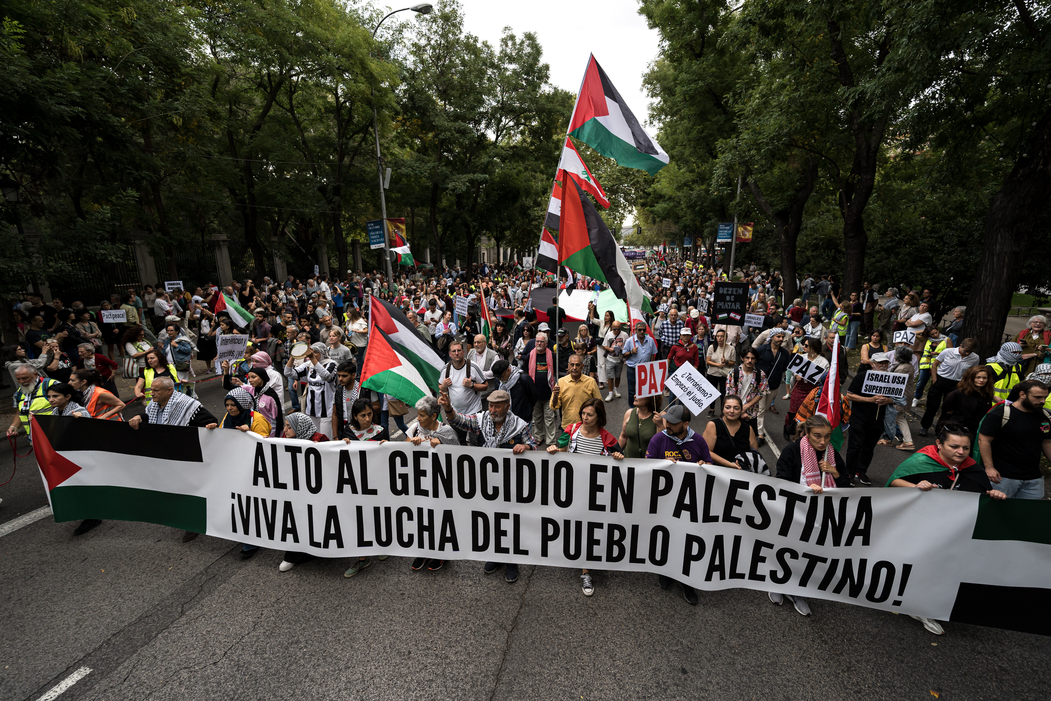 Cientos de personas durante una manifestación a favor de Palestina, de Atocha a Sol, a 5 de octubre de 2024, en Madrid (España). Organizada por la Red Solidaria contra la Ocupación de Palestina (RESCOP), la movilización se convoca al cumplirse un año del ataque de Hamás contra Israel el 7 de octubre, con 1.200 muertos y 251 rehenes, así como de la ofensiva militar israelí que lleva ya más de 41.000 muertos en Gaza. Desde este sábado día 5 hasta el lunes 7 de octubre, más de cuarenta ciudades de toda España participan en las manifestaciones de la 10ª Movilización estatal por Palestina.
05 OCTUBRE 2024;MANI;PROTESTA;PALESTINA;ISRAEL;GAZA;GUERRA;MOVILIZACIÓN
Diego Radamés / Europa Press
05/10/2024