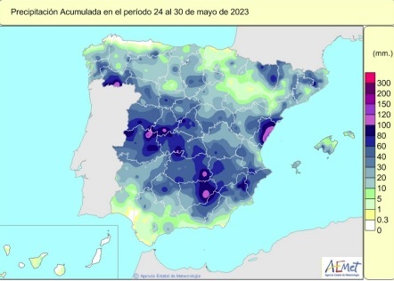 Precipitaciones en España del 24 al 30 de mayo de 2023.