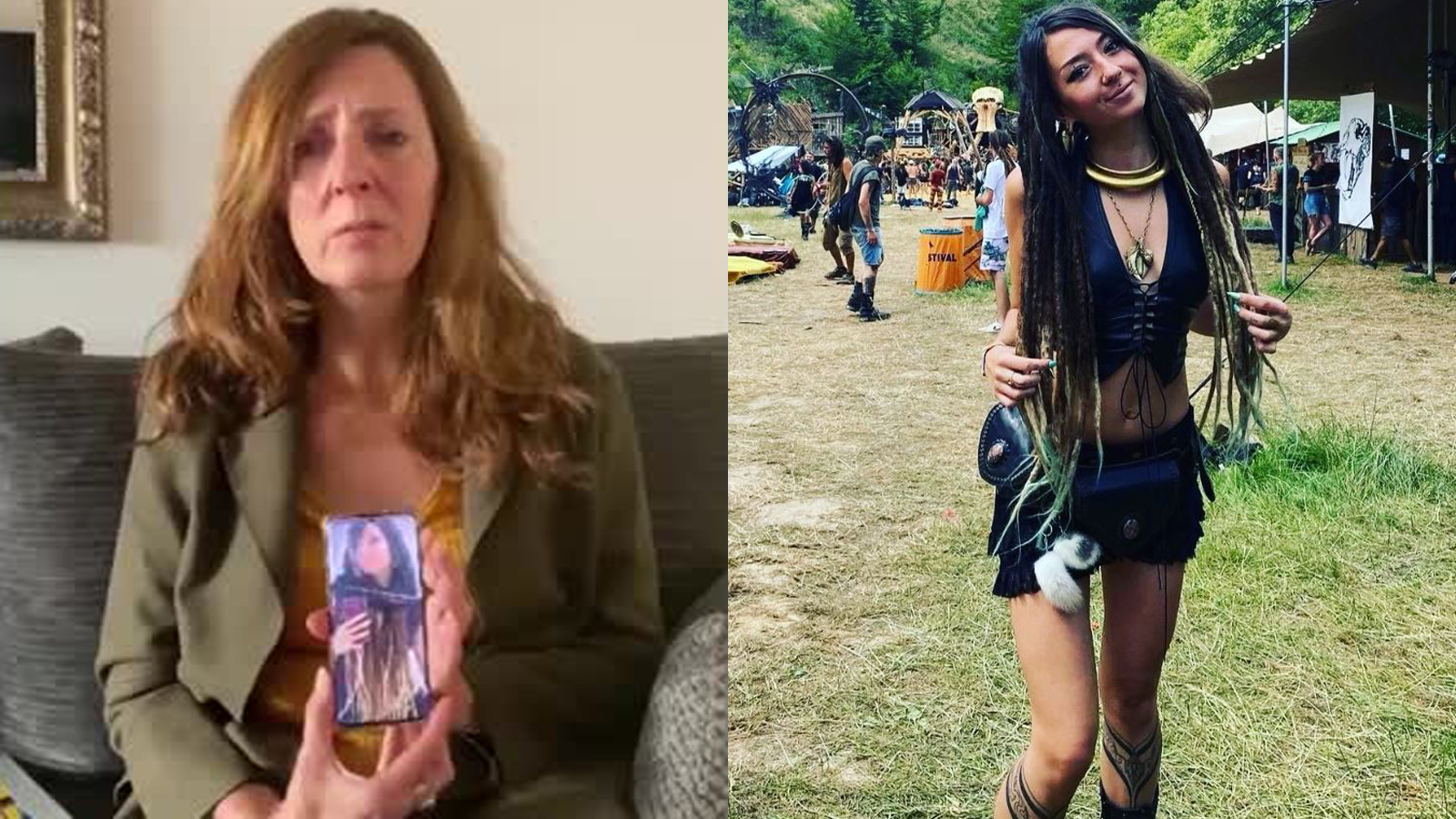 À esquerda, a mãe de Shani Louk em um vídeo onde mostra a imagem da filha.  À direita, a jovem, em fotografia de seu perfil no Instagram.