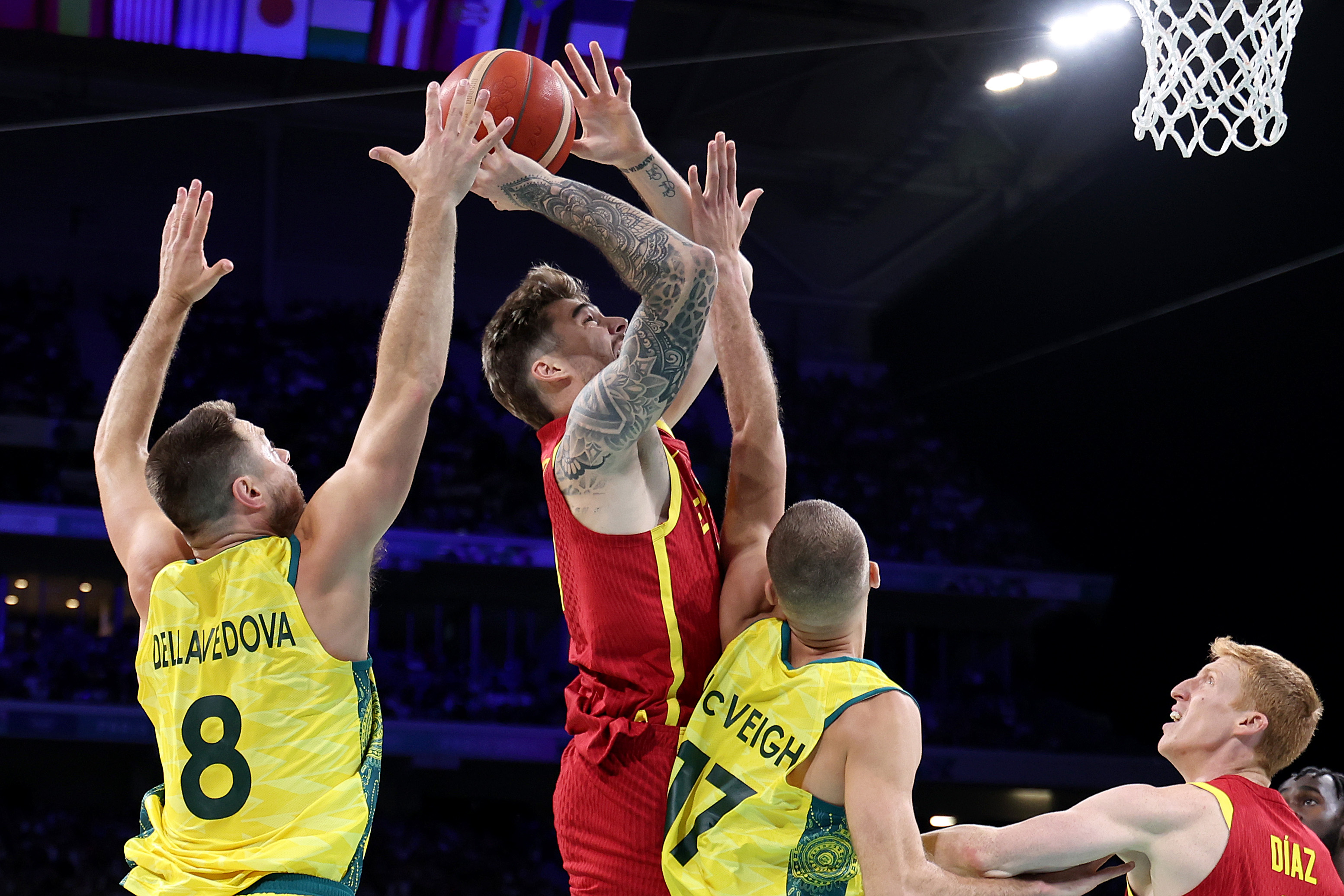 LILLE, FRANCE - JULY 27: Juancho Hernangomez #10 of Team Spain shoots during the Men's Group Phase - Group A match between Australia and Spain on day one of the Olympic Games Paris 2024 at Pierre Mauroy Stadium on July 27, 2024 in Lille, France. (Photo by Gregory Shamus/Getty Images)