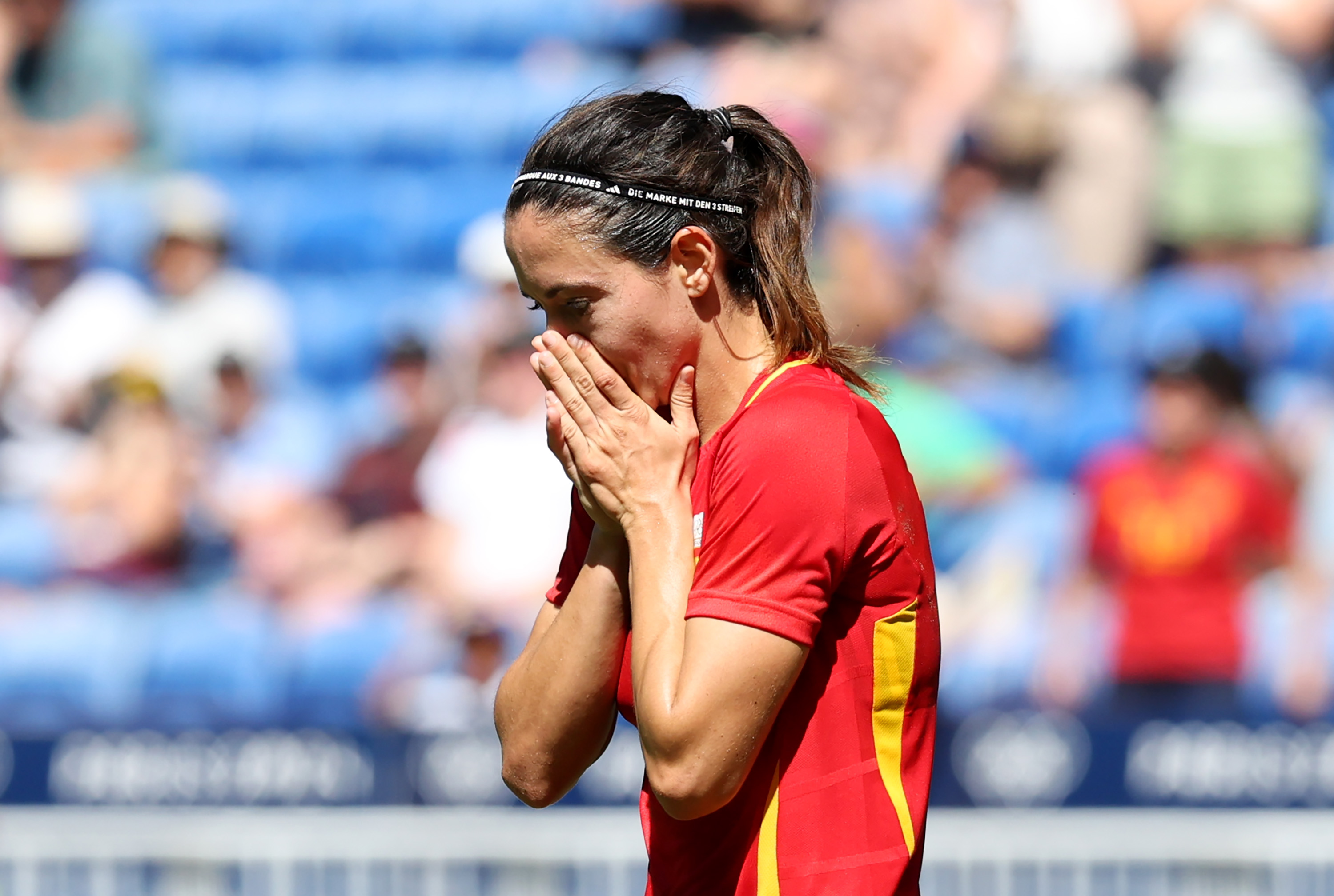 LYON, FRANCE - AUGUST 09: Aitana Bonmati #6 of Team Spain reacts during the Women's Bronze Medal match between Spain and Germany during the Olympic Games Paris 2024 at Stade de Lyon on August 09, 2024 in Lyon, France. (Photo by Claudio Villa/Getty Images)