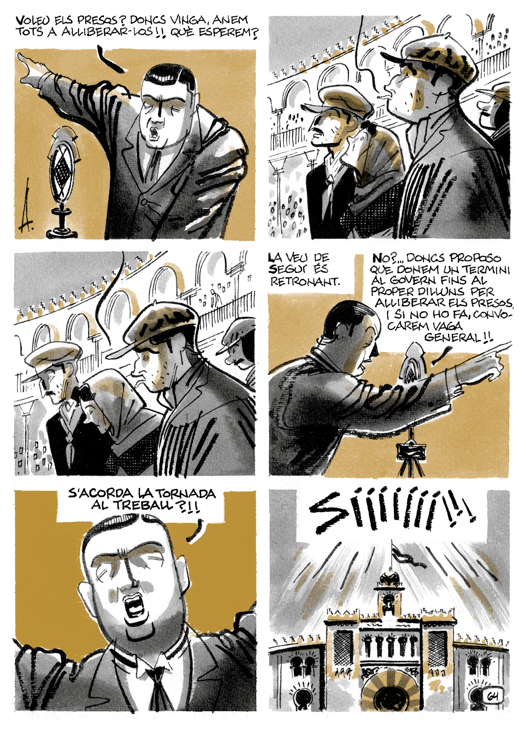 Una página del cómic "8 hores", del guionista Pepe Gálvez y el dibujante Alfons López, sobre la vida de Salvador Seguí.