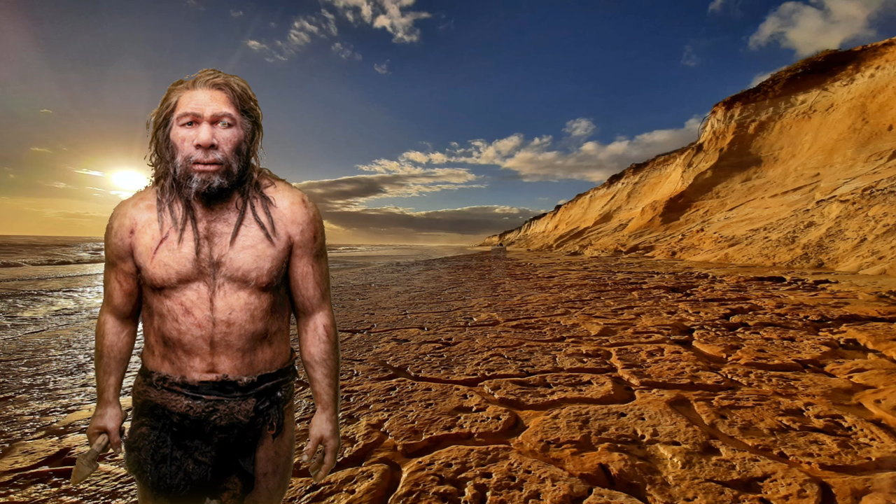 Recreación del paso de un neandertal por los acantilados del Asperillo, donde se han encontrado las huellas.