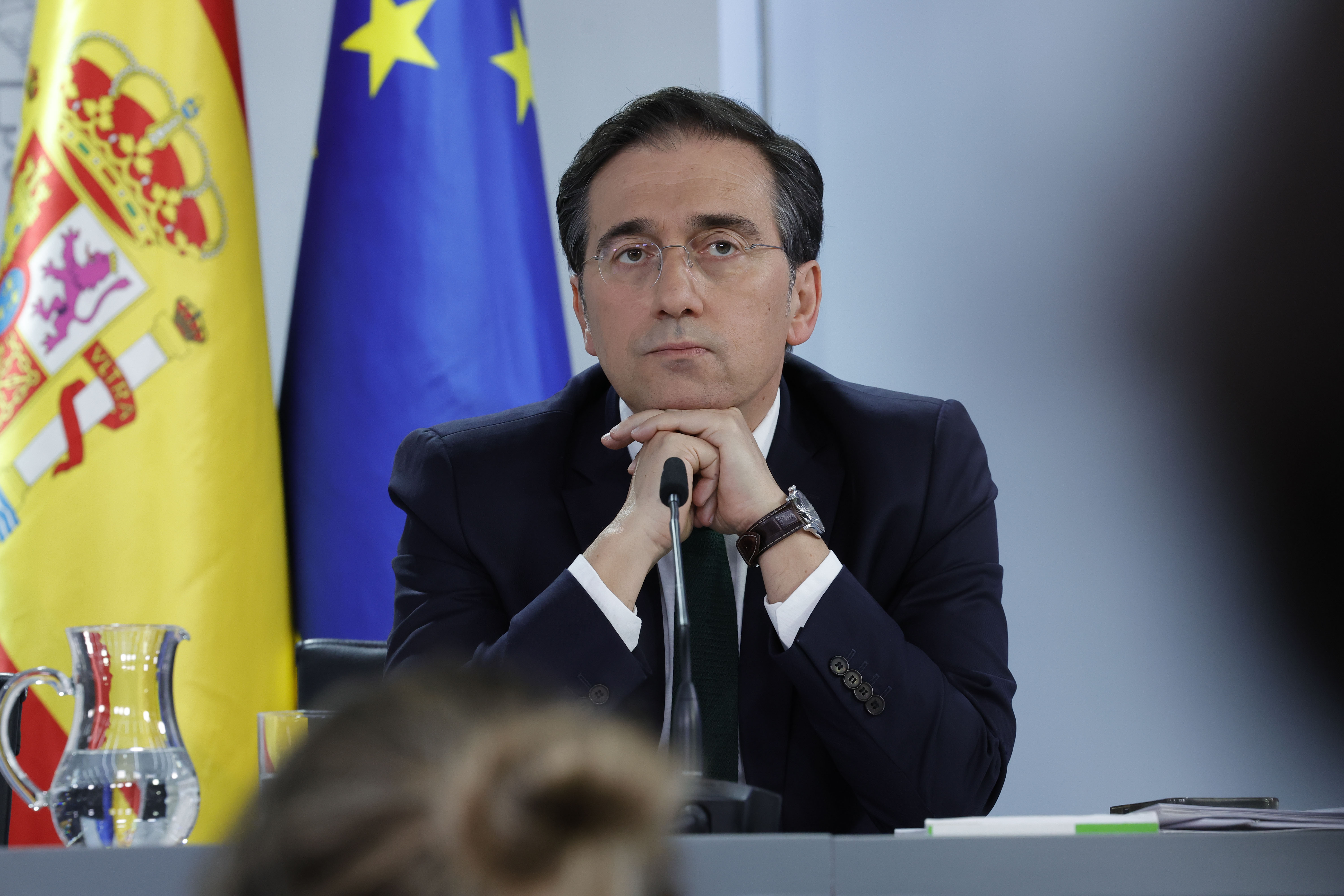 El ministro de Asuntos Exteriores, Unión Europea y Cooperación, José Manuel Albares, en la rueda de prensa posterior a la reunión del Consejo de Ministros, este martes, en Madrid.